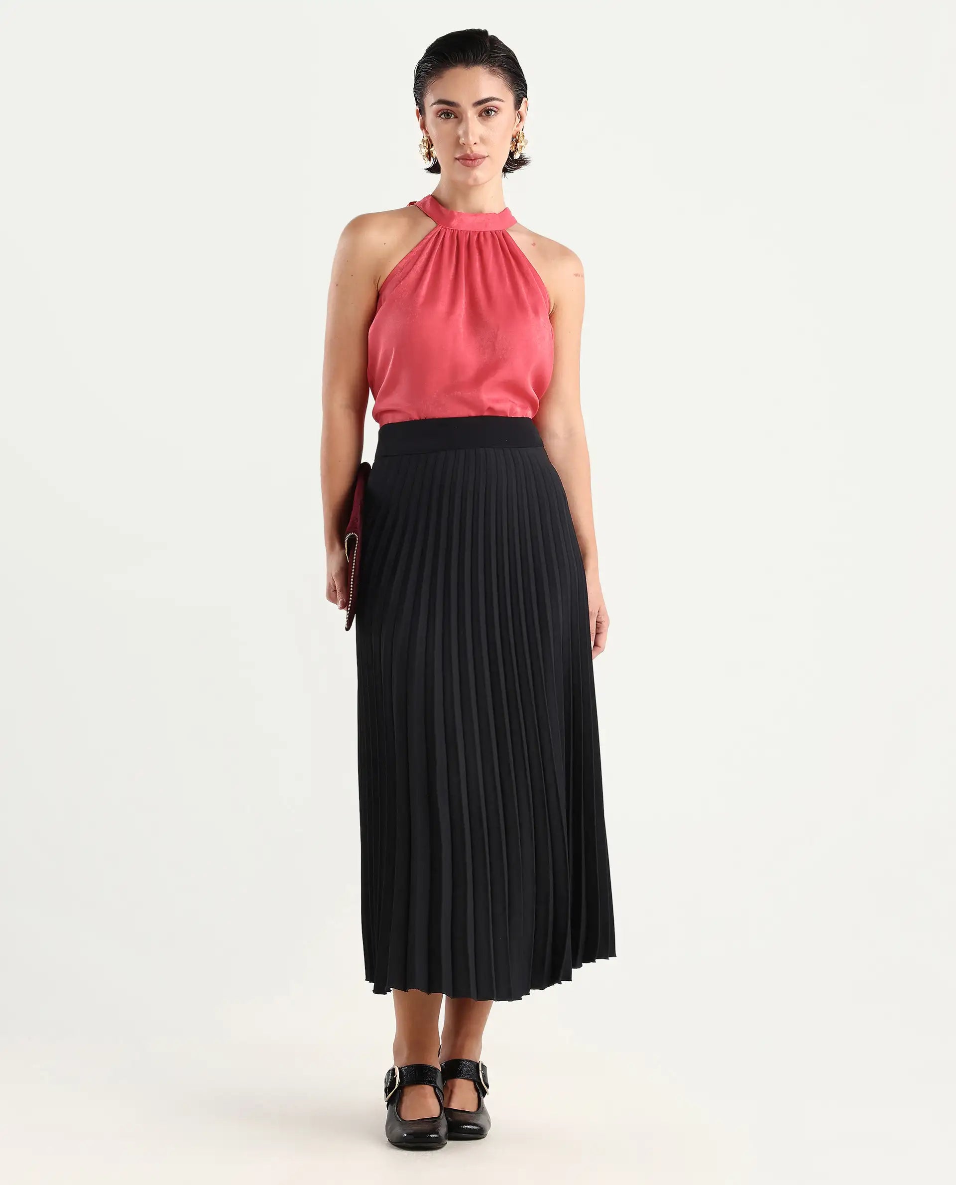 Rareism Women's Floren Light Orange Polyester Halter Neck Plain Sleeveless Regular Fit Top