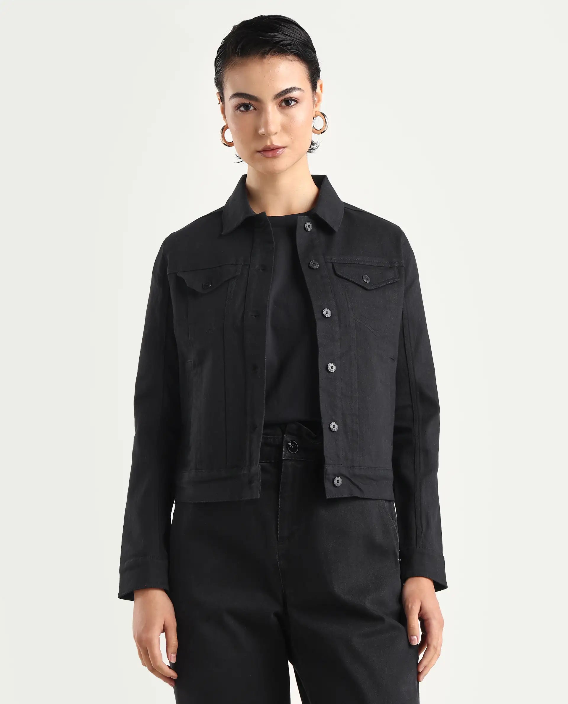 Rareism Women's Floria Black Cotton Blend Drop Collar Plain Cuffed Sleeve Regular Fit Jacket