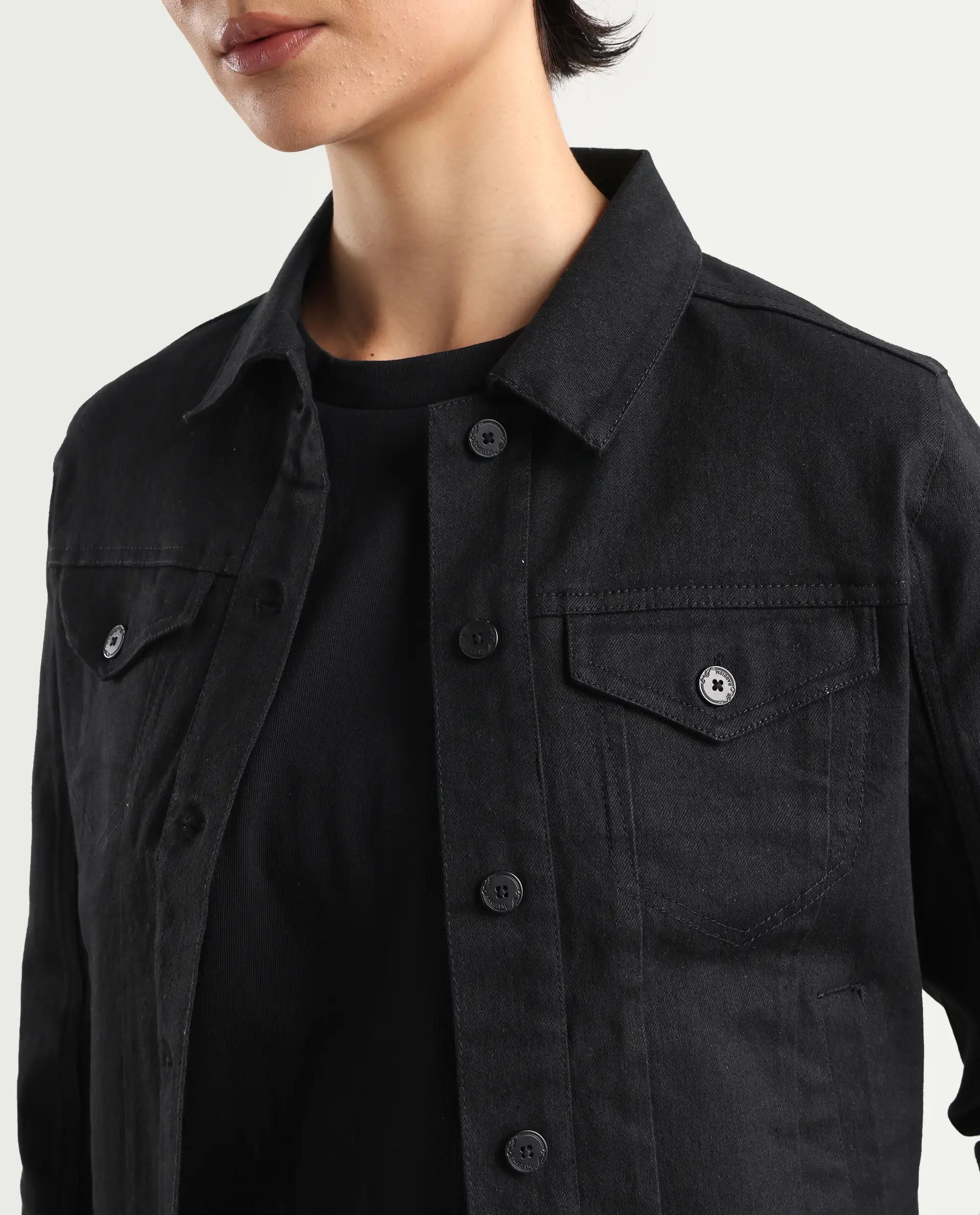 Rareism Women's Floria Black Cotton Blend Drop Collar Plain Cuffed Sleeve Regular Fit Jacket