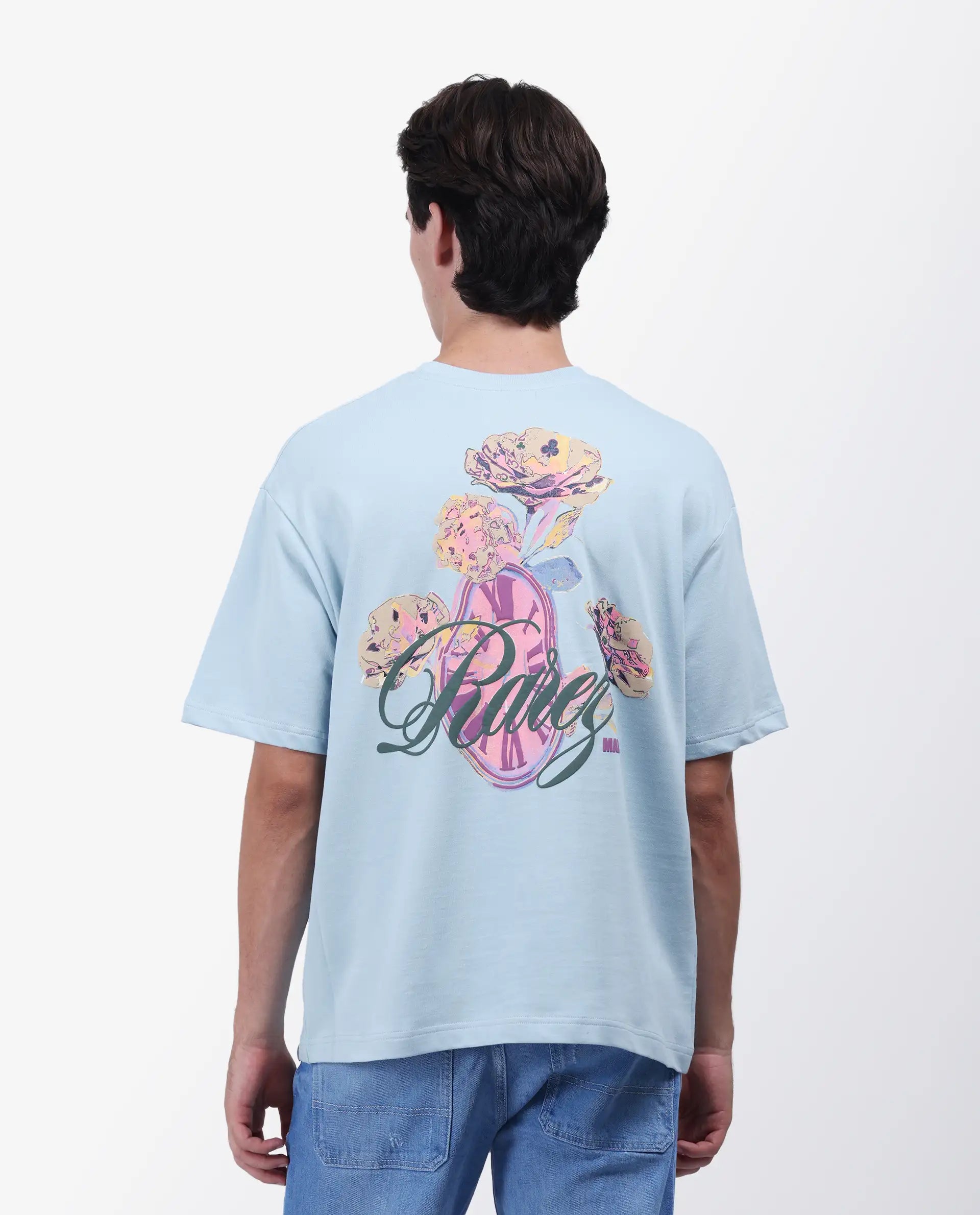 Rare Rabbit Men's Fluen Light Blue Cotton Graphic Print Oversized Fit Half Sleeve Crew Neck T-Shirt