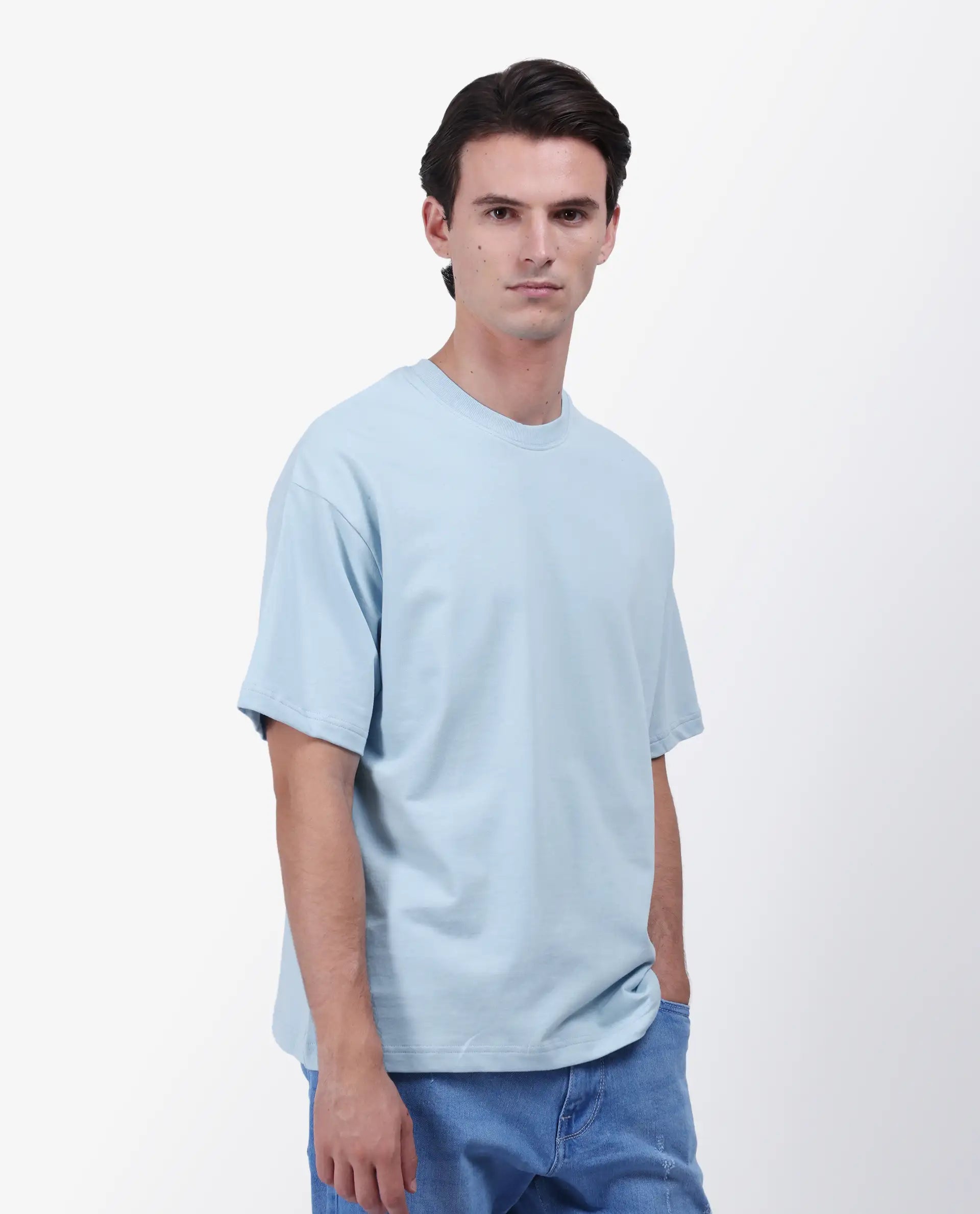 Rare Rabbit Men's Fluen Light Blue Cotton Graphic Print Oversized Fit Half Sleeve Crew Neck T-Shirt