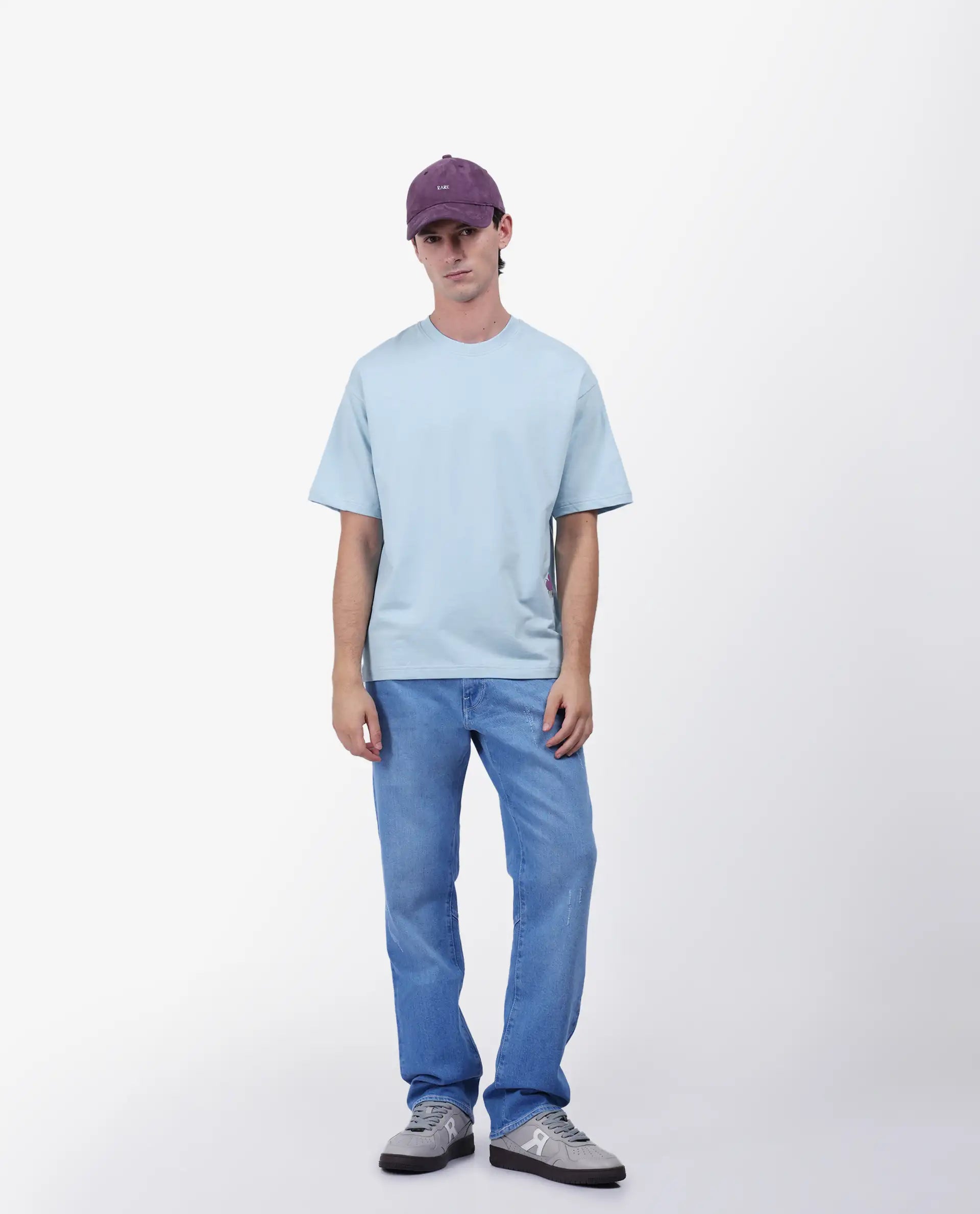 Rare Rabbit Men's Fluen Light Blue Cotton Graphic Print Oversized Fit Half Sleeve Crew Neck T-Shirt