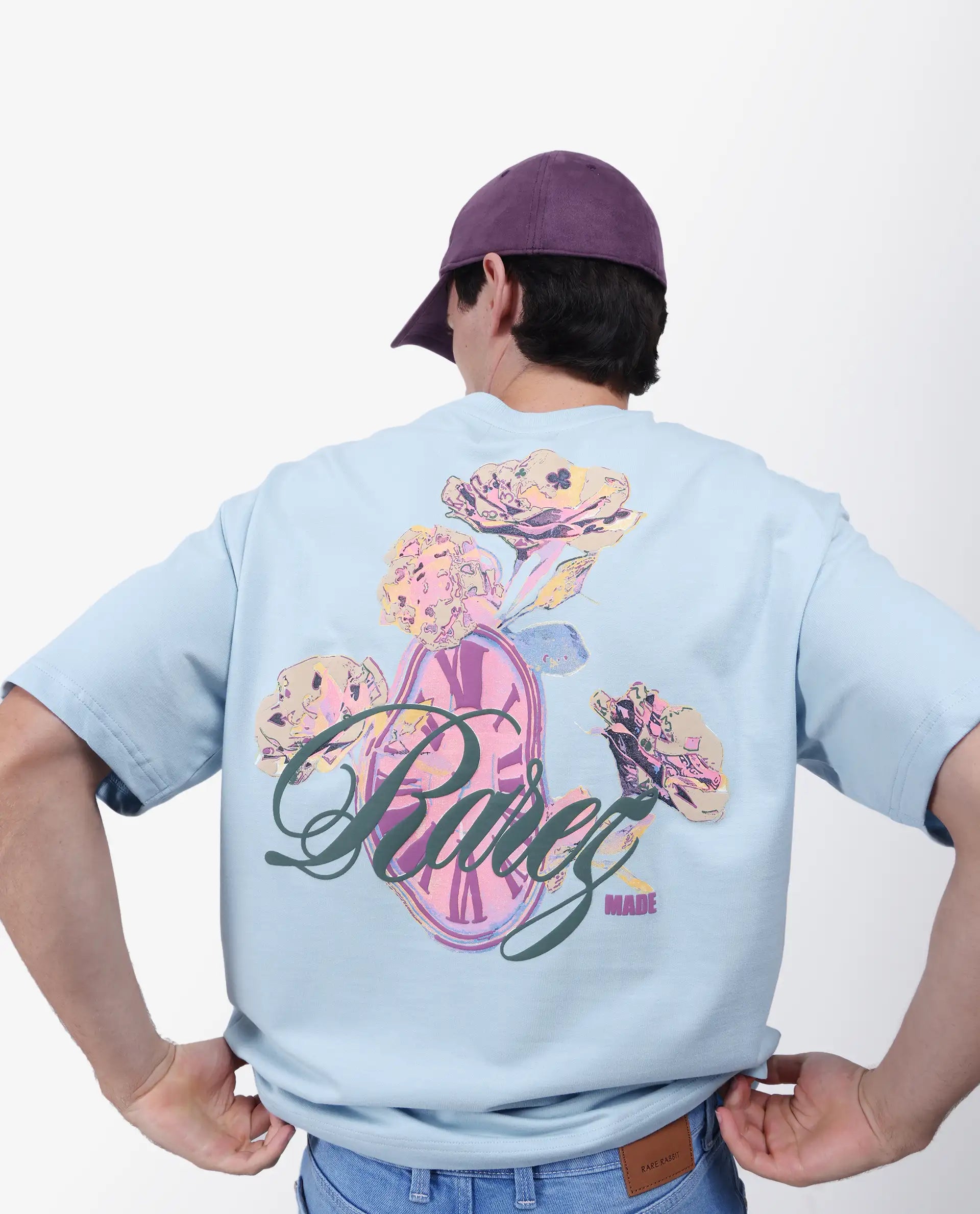 Rare Rabbit Men's Fluen Light Blue Cotton Graphic Print Oversized Fit Half Sleeve Crew Neck T-Shirt