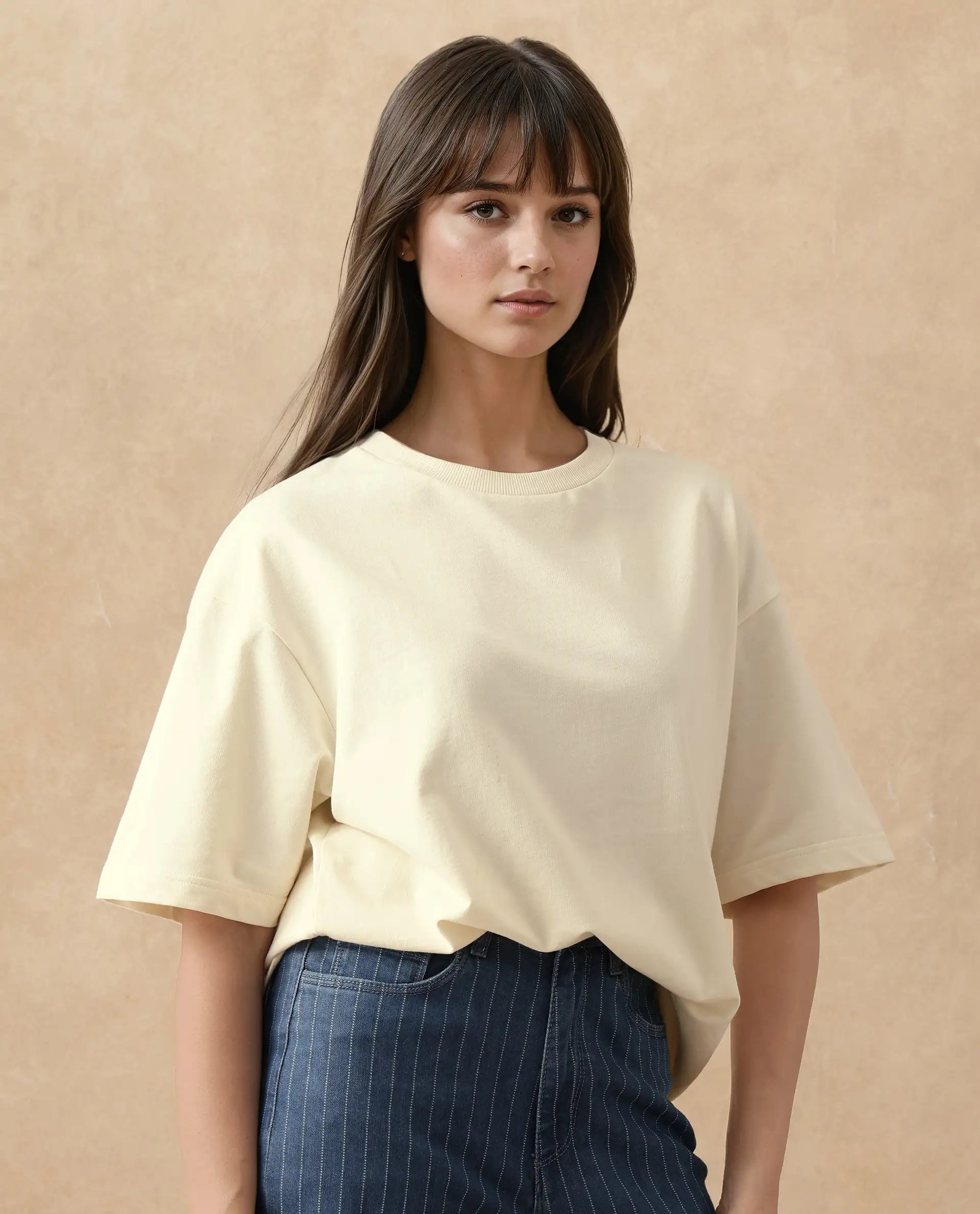 Rareism Women's Fluers Beige Cotton Crew Neck Graphic Print Oversized T-Shirt