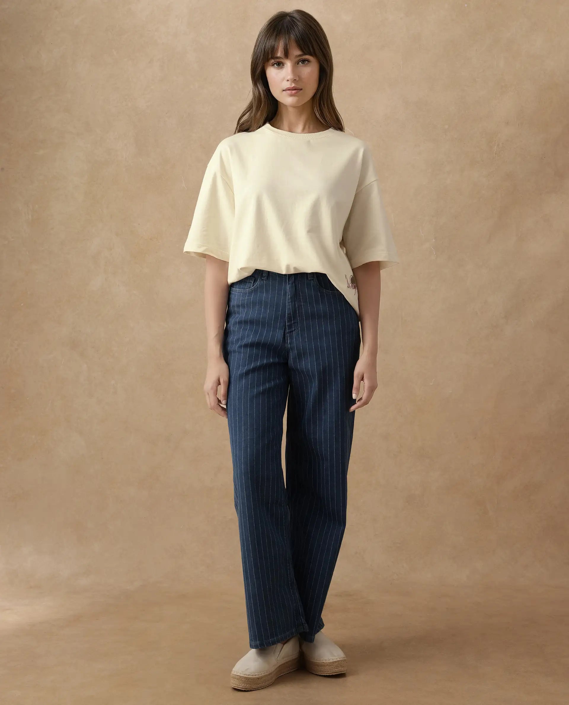 Rareism Women's Fluers Beige Cotton Crew Neck Graphic Print Oversized T-Shirt