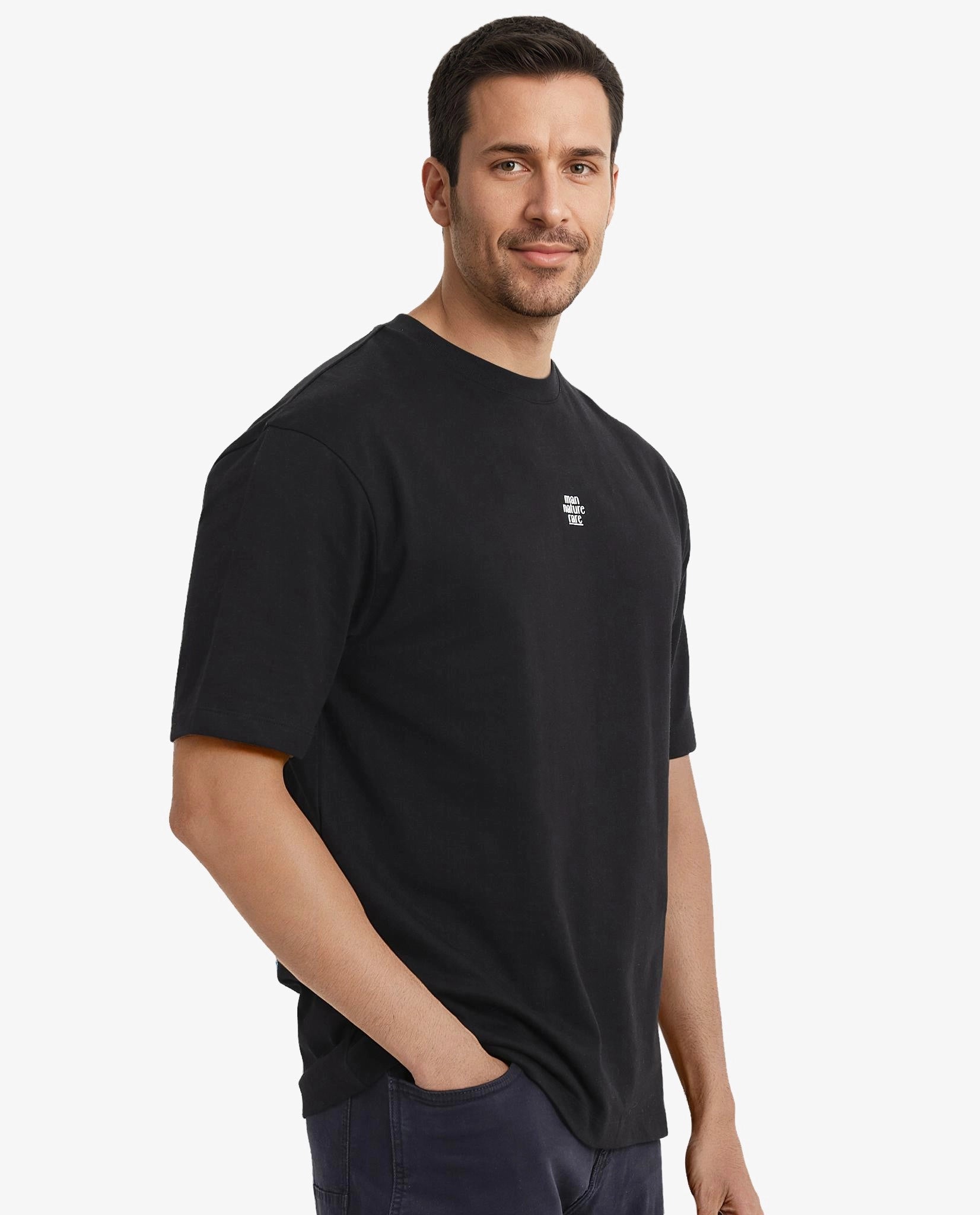 Rare Rabbit Men Fluers Black Cotton Fabric Short Sleeve Crew Neck Oversized Fit Graphic Back Print T-Shirt