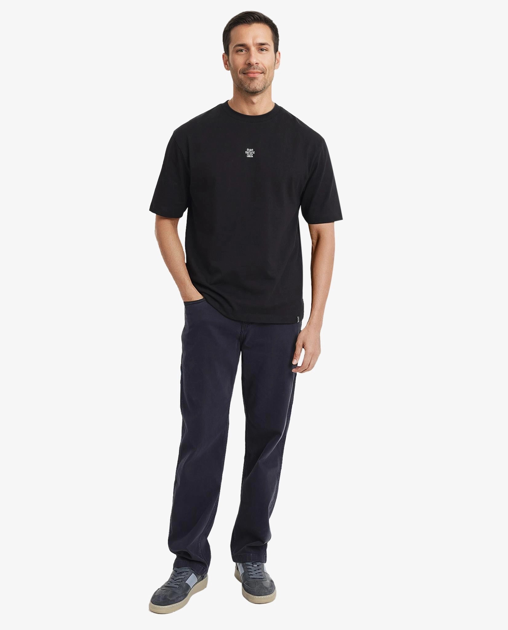 Rare Rabbit Men Fluers Black Cotton Fabric Short Sleeve Crew Neck Oversized Fit Graphic Back Print T-Shirt