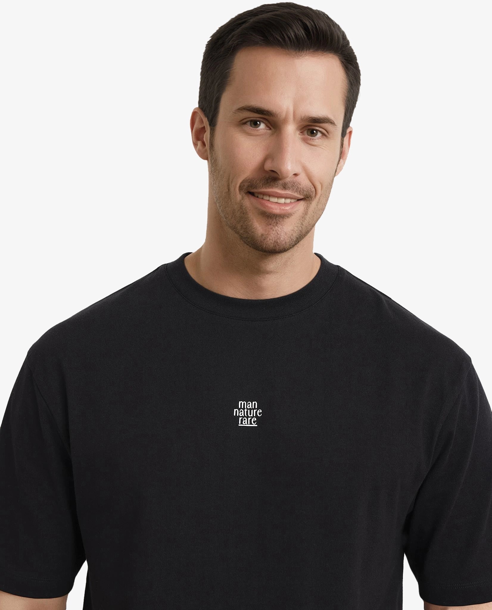 Rare Rabbit Men Fluers Black Cotton Fabric Short Sleeve Crew Neck Oversized Fit Graphic Back Print T-Shirt