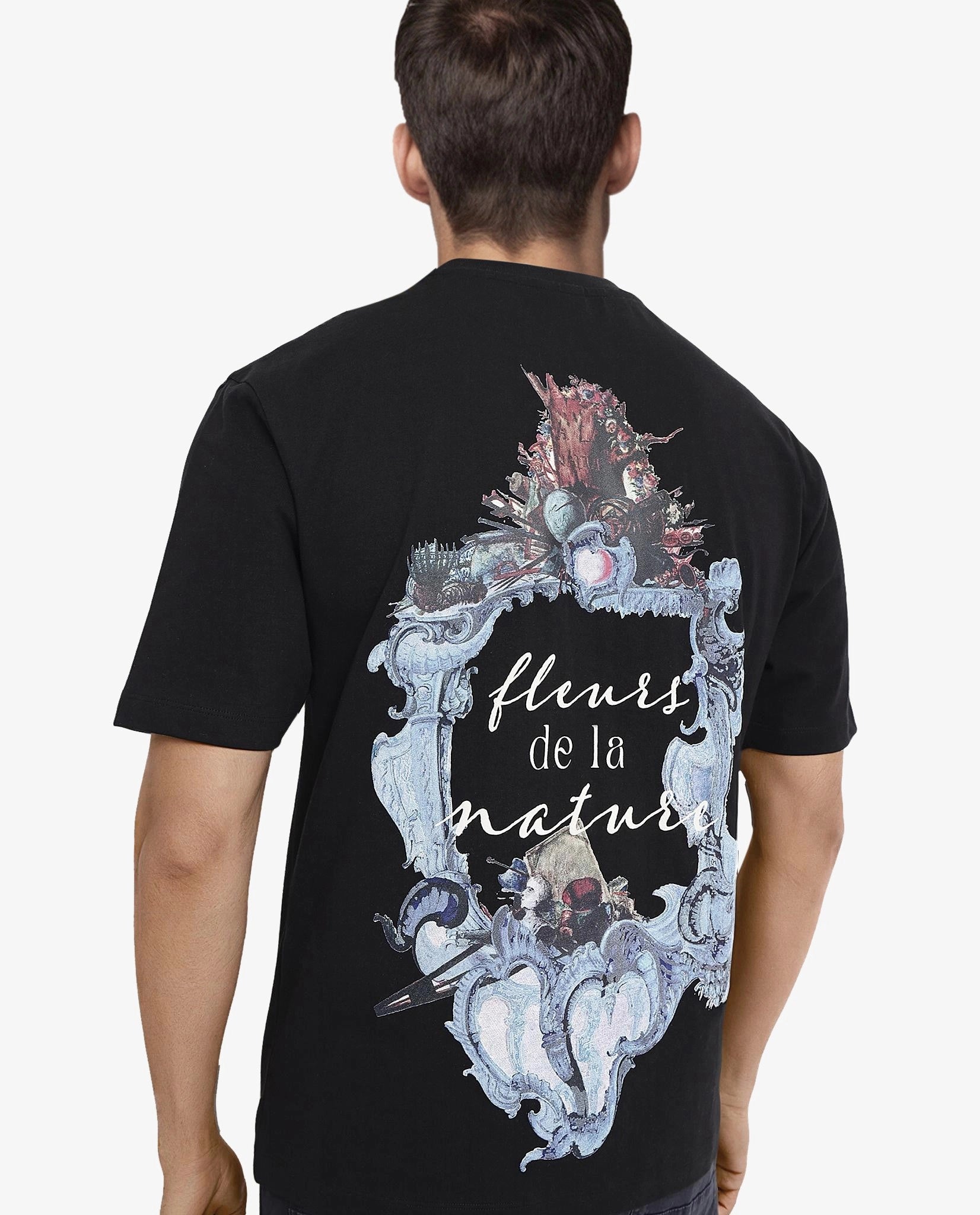 Rare Rabbit Men Fluers Black Cotton Fabric Short Sleeve Crew Neck Oversized Fit Graphic Back Print T-Shirt