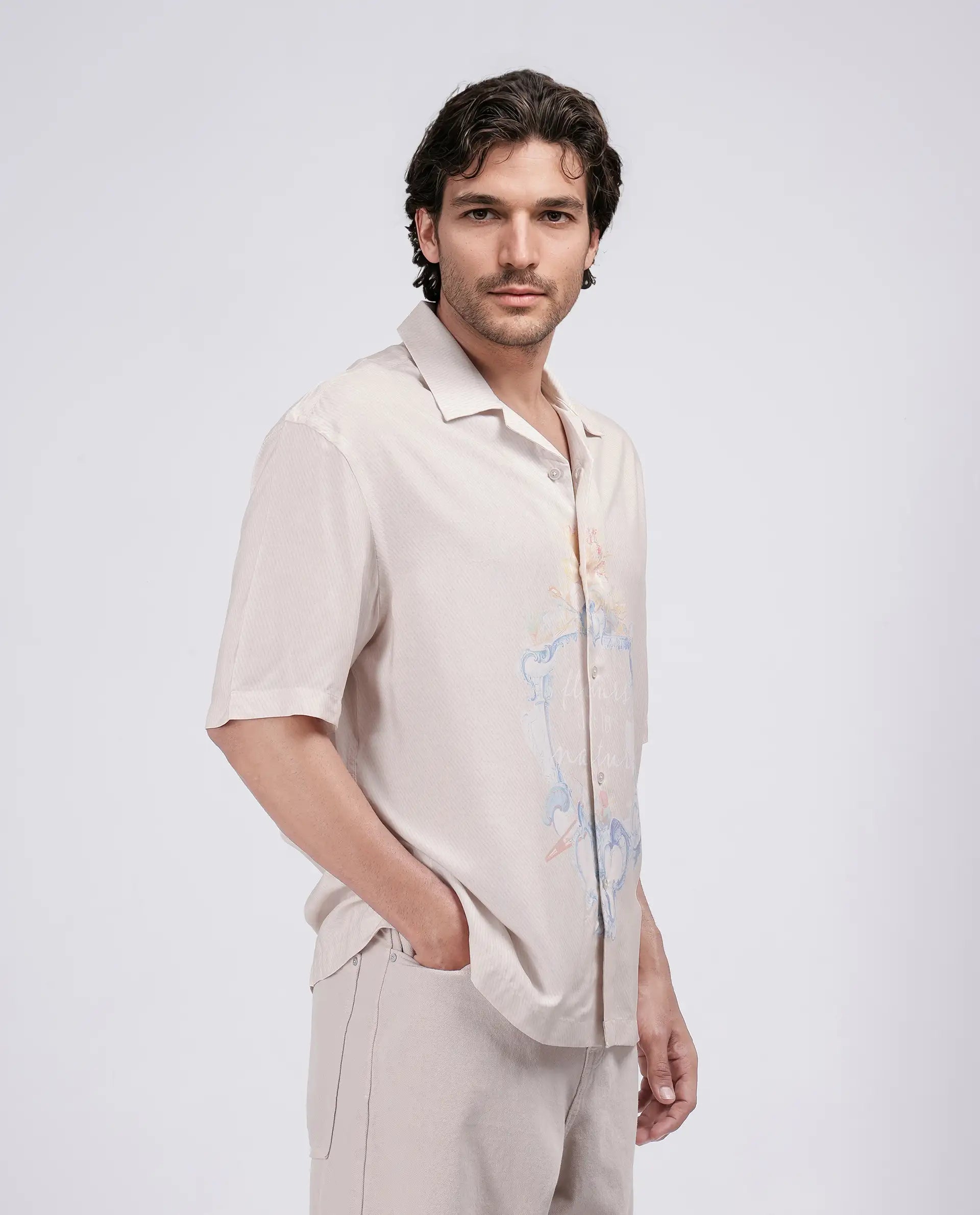 Rare Rabbit Men Fluerst Beige Cotton Fabric Short Sleeve Collared Neck Button Closure Plain Shirt