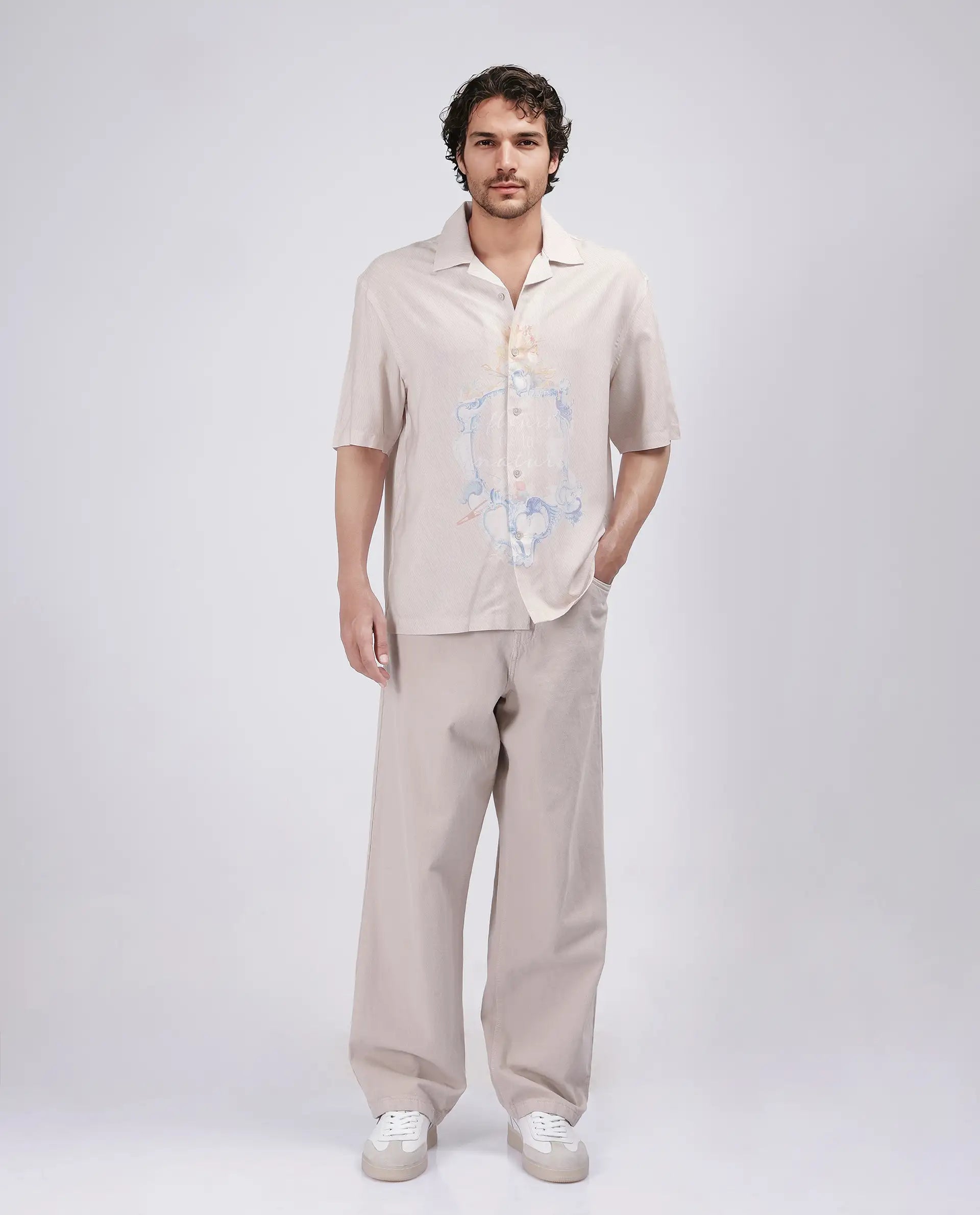 Rare Rabbit Men Fluerst Beige Cotton Fabric Short Sleeve Collared Neck Button Closure Plain Shirt