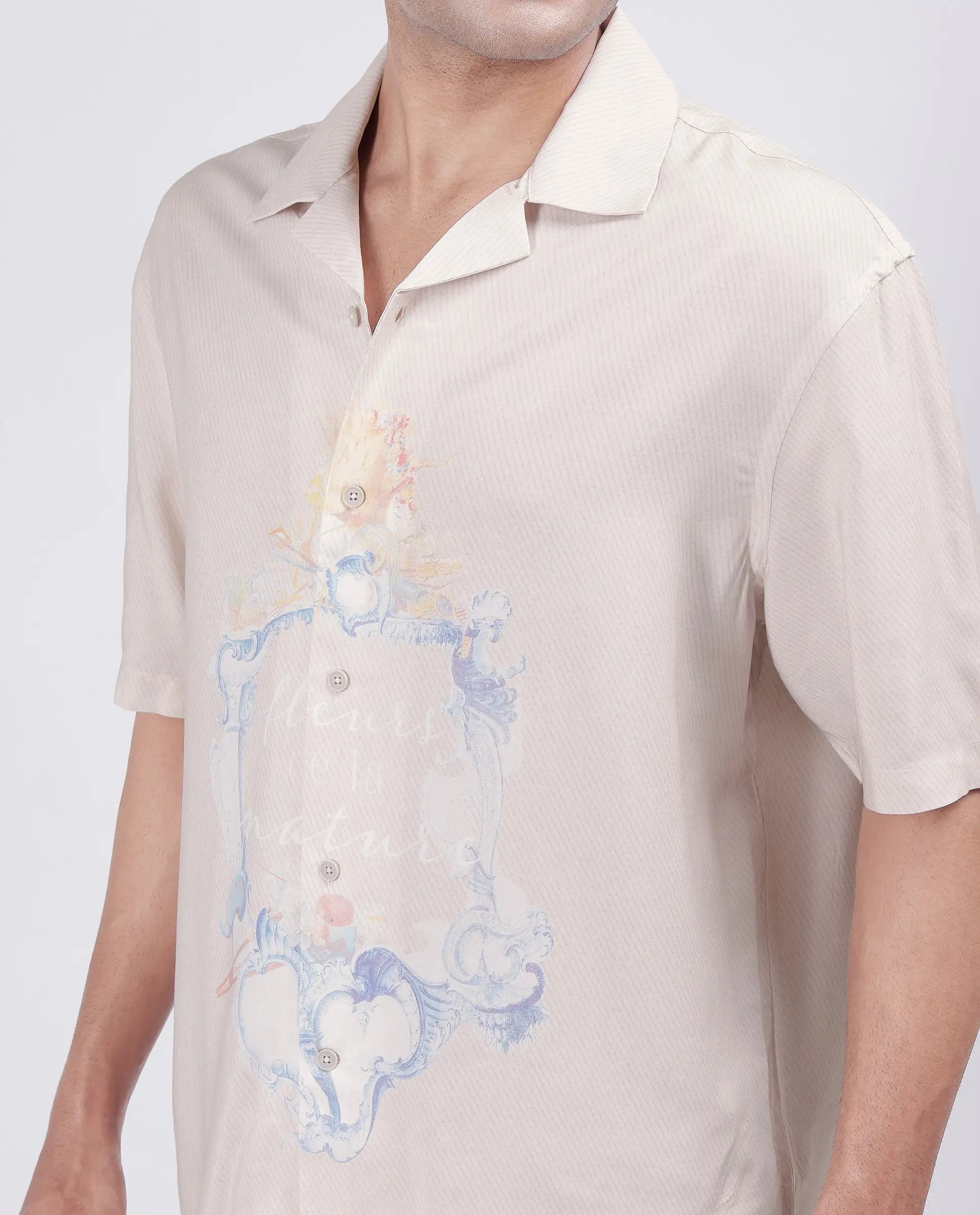 Rare Rabbit Men Fluerst Beige Cotton Fabric Short Sleeve Collared Neck Button Closure Plain Shirt