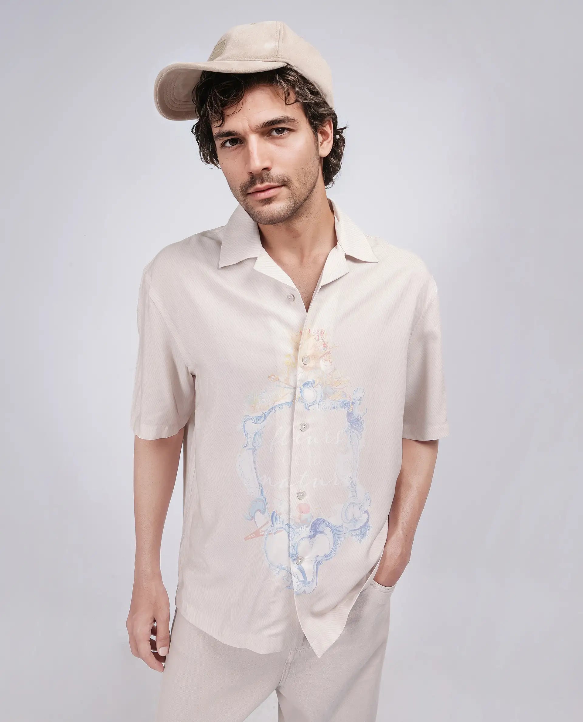 Rare Rabbit Men Fluerst Beige Cotton Fabric Short Sleeve Collared Neck Button Closure Plain Shirt