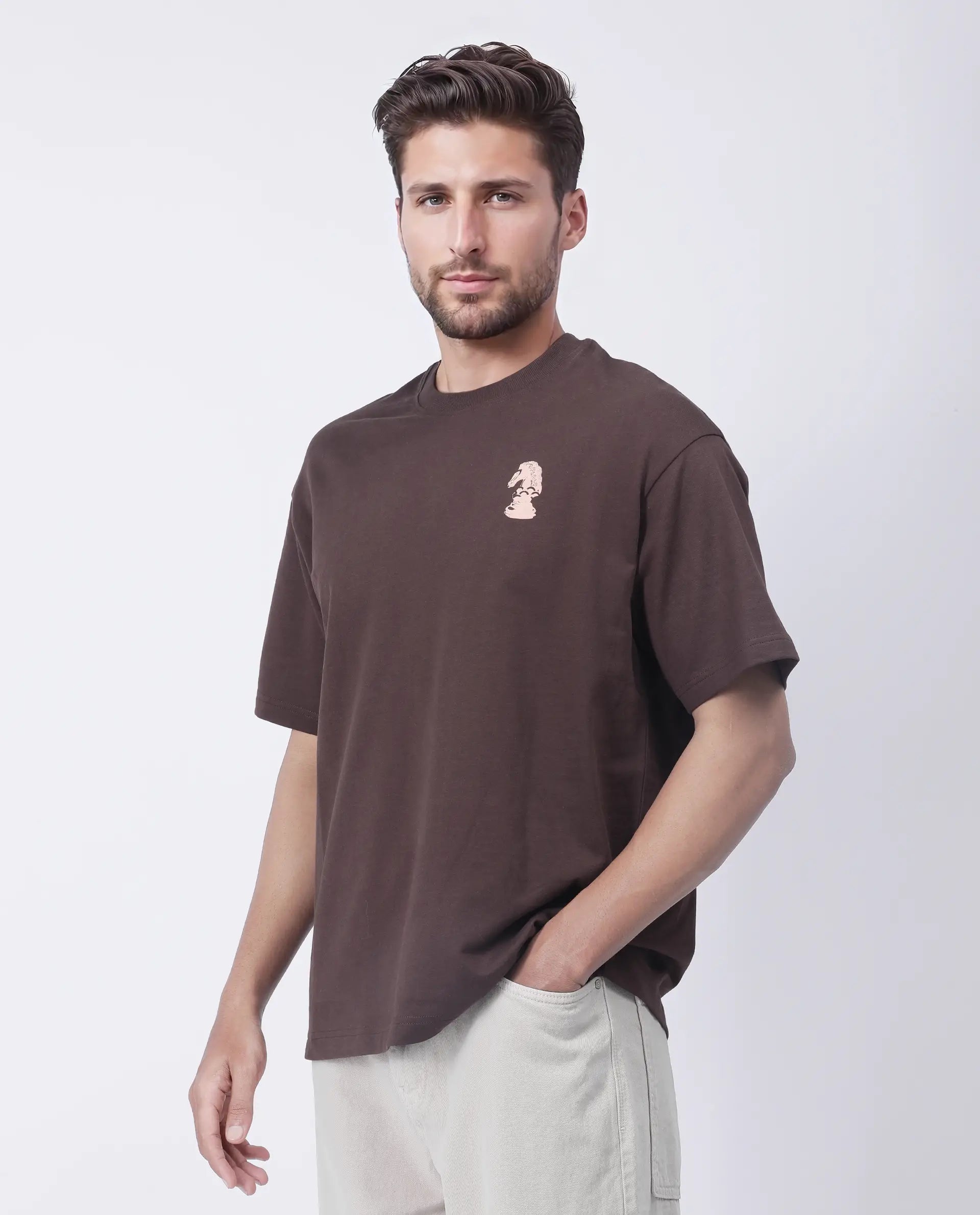 Rare Rabbit Men's Fluen Brown Cotton Graphic Print Oversized Fit Half Sleeve Crew Neck T-Shirt