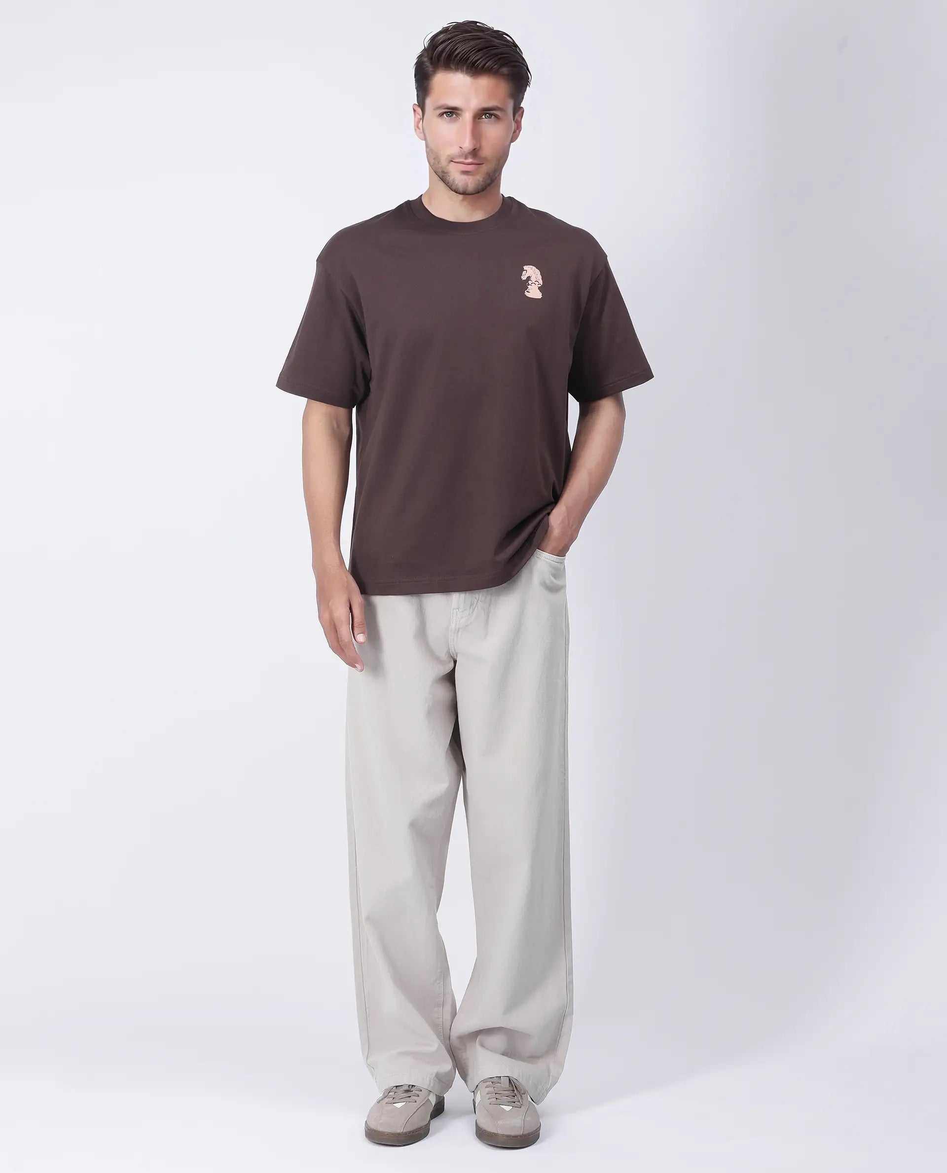 Rare Rabbit Men's Fluen Brown Cotton Graphic Print Oversized Fit Half Sleeve Crew Neck T-Shirt