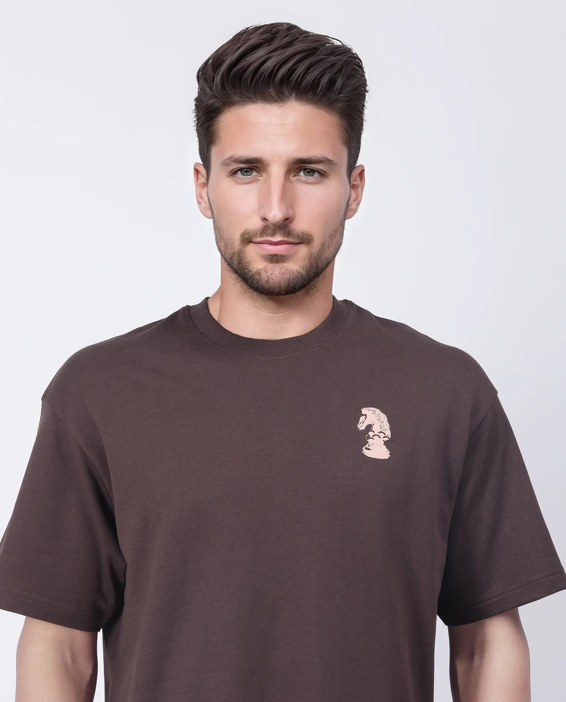 Rare Rabbit Men's Fluen Brown Cotton Graphic Print Oversized Fit Half Sleeve Crew Neck T-Shirt