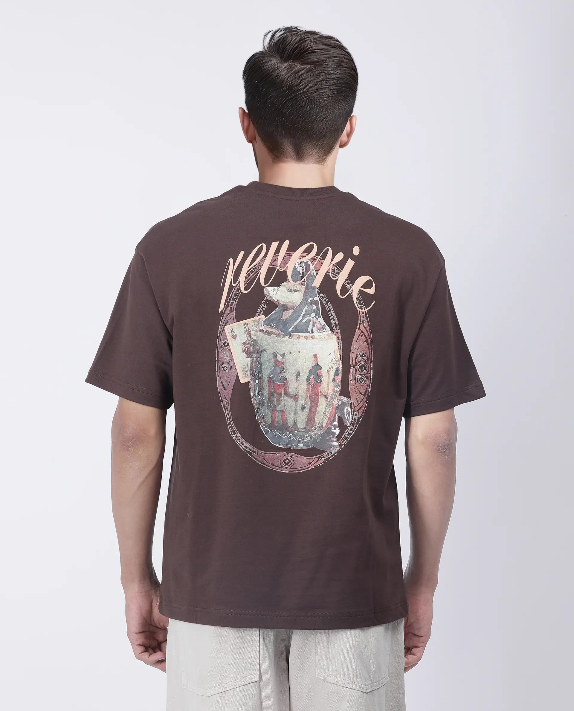 Rare Rabbit Men's Fluen Brown Cotton Graphic Print Oversized Fit Half Sleeve Crew Neck T-Shirt