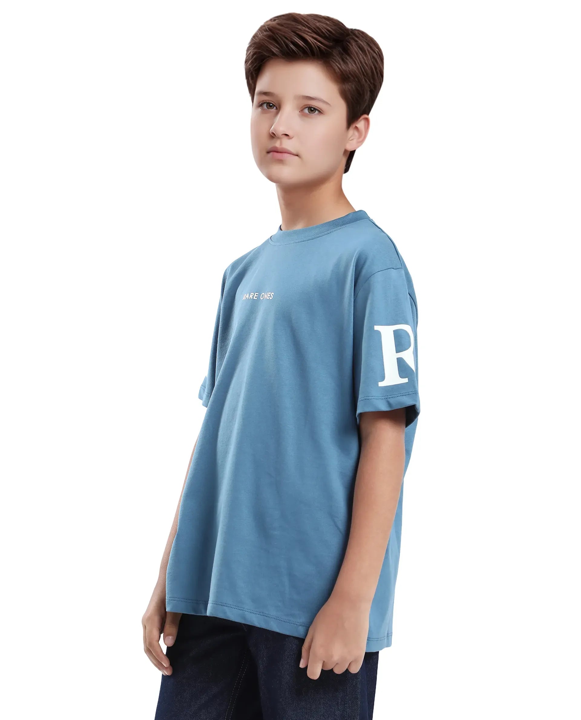 Rare Ones Kids Flux Dusky Blue Cotton Blend Half Sleeve Slip-On Printed Regular Fit T-Shirt