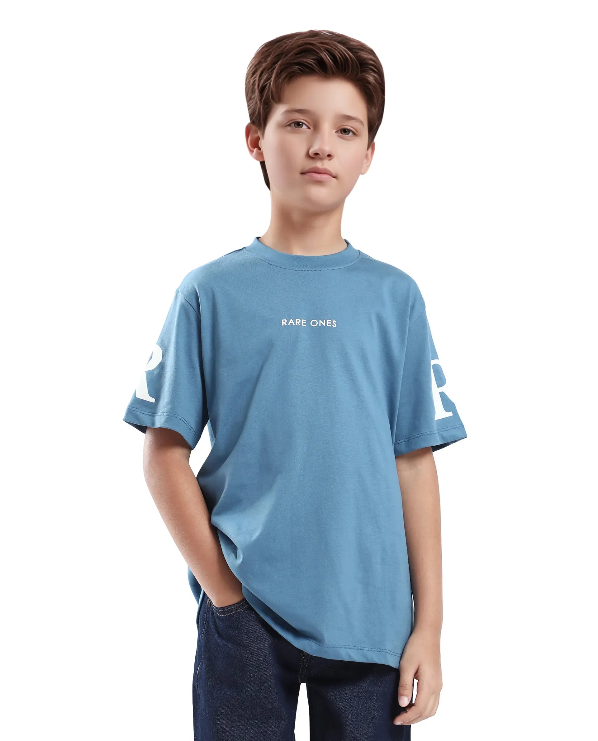 Rare Ones Kids Flux Dusky Blue Cotton Blend Half Sleeve Slip-On Printed Regular Fit T-Shirt
