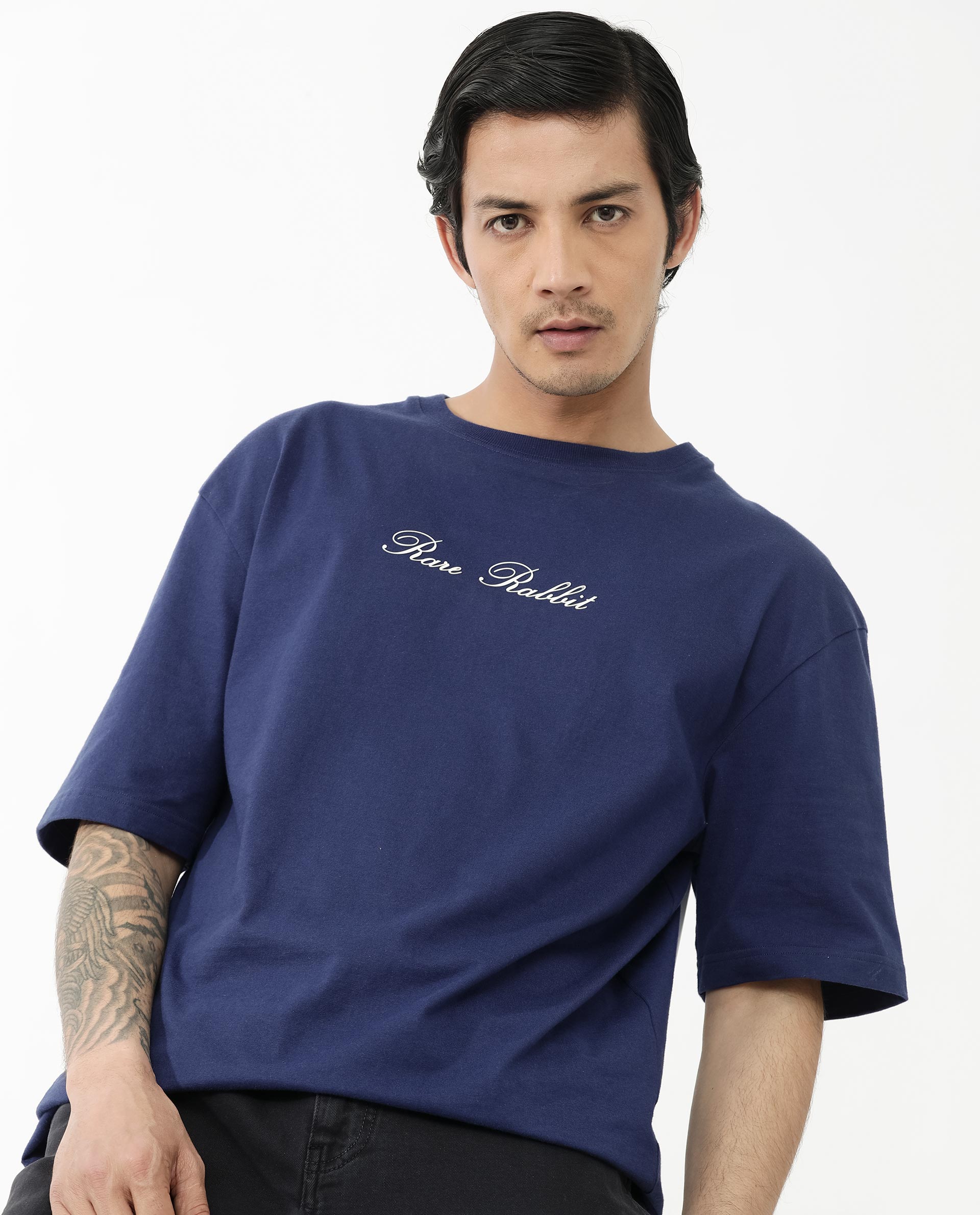 Rare Rabbit Articale Men's Flyby Blue Cotton Fabric Crew Neck Oversized Fit Graphic Print T-Shirt