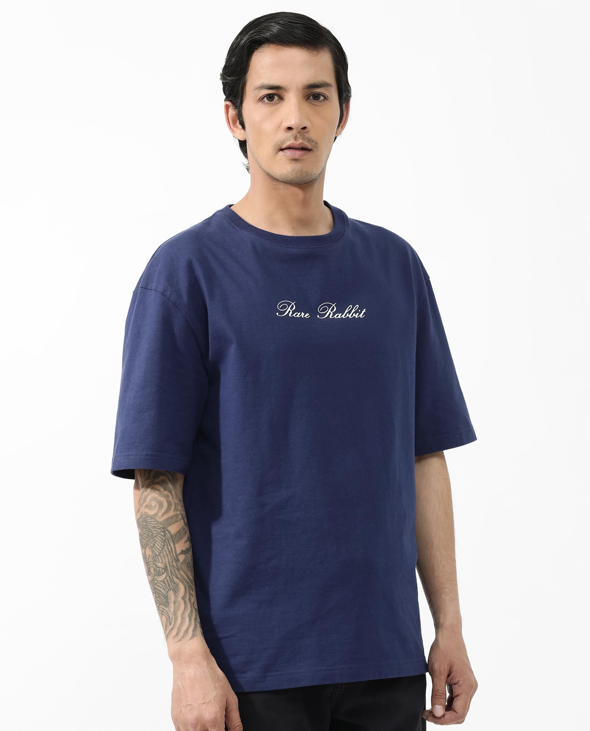 Rare Rabbit Articale Men's Flyby Blue Cotton Fabric Crew Neck Oversized Fit Graphic Print T-Shirt