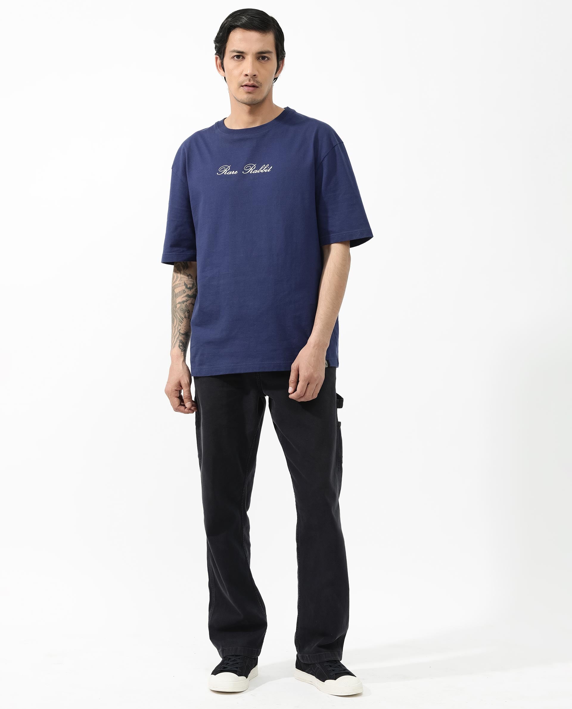 Rare Rabbit Articale Men's Flyby Blue Cotton Fabric Crew Neck Oversized Fit Graphic Print T-Shirt