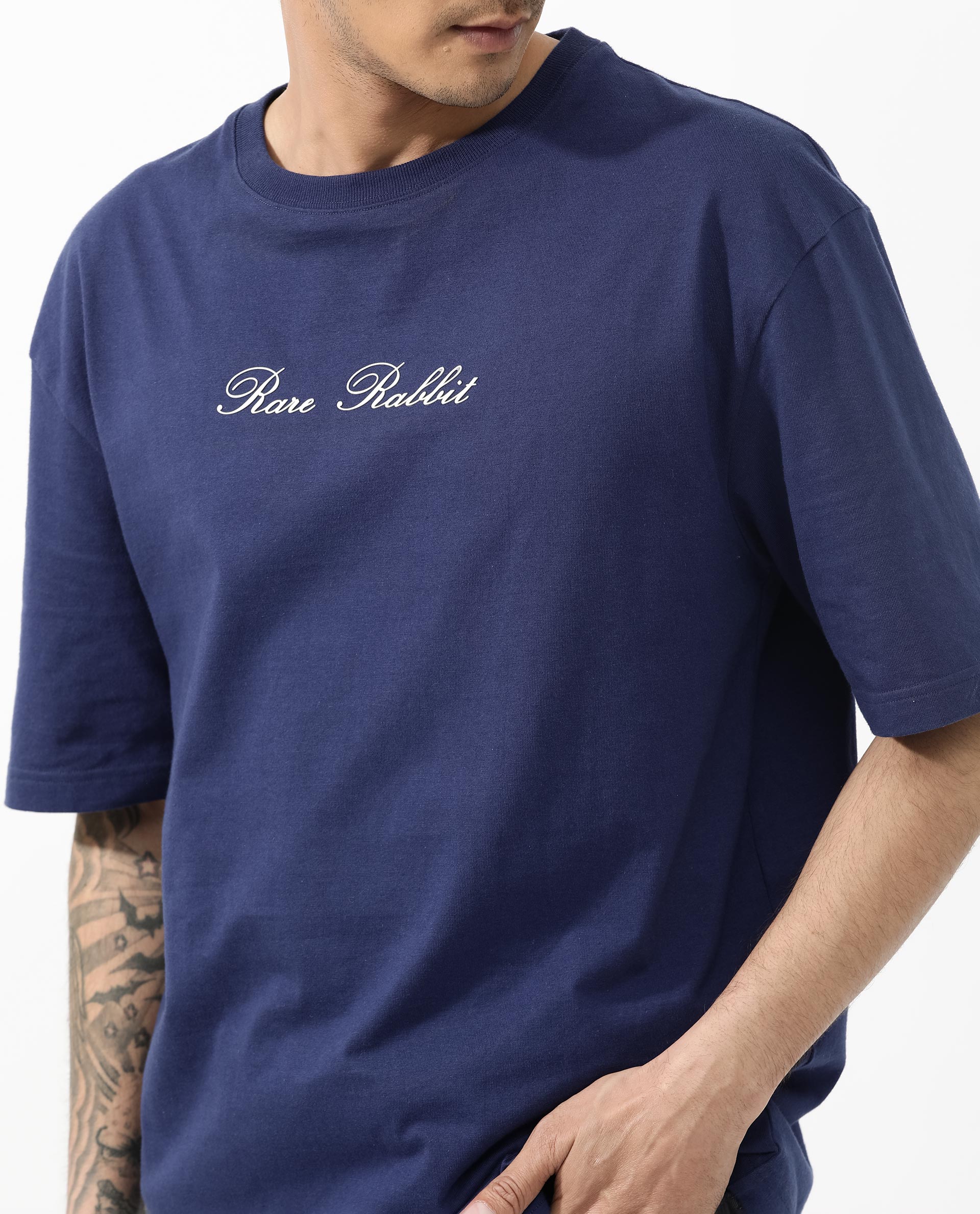Rare Rabbit Articale Men's Flyby Blue Cotton Fabric Crew Neck Oversized Fit Graphic Print T-Shirt