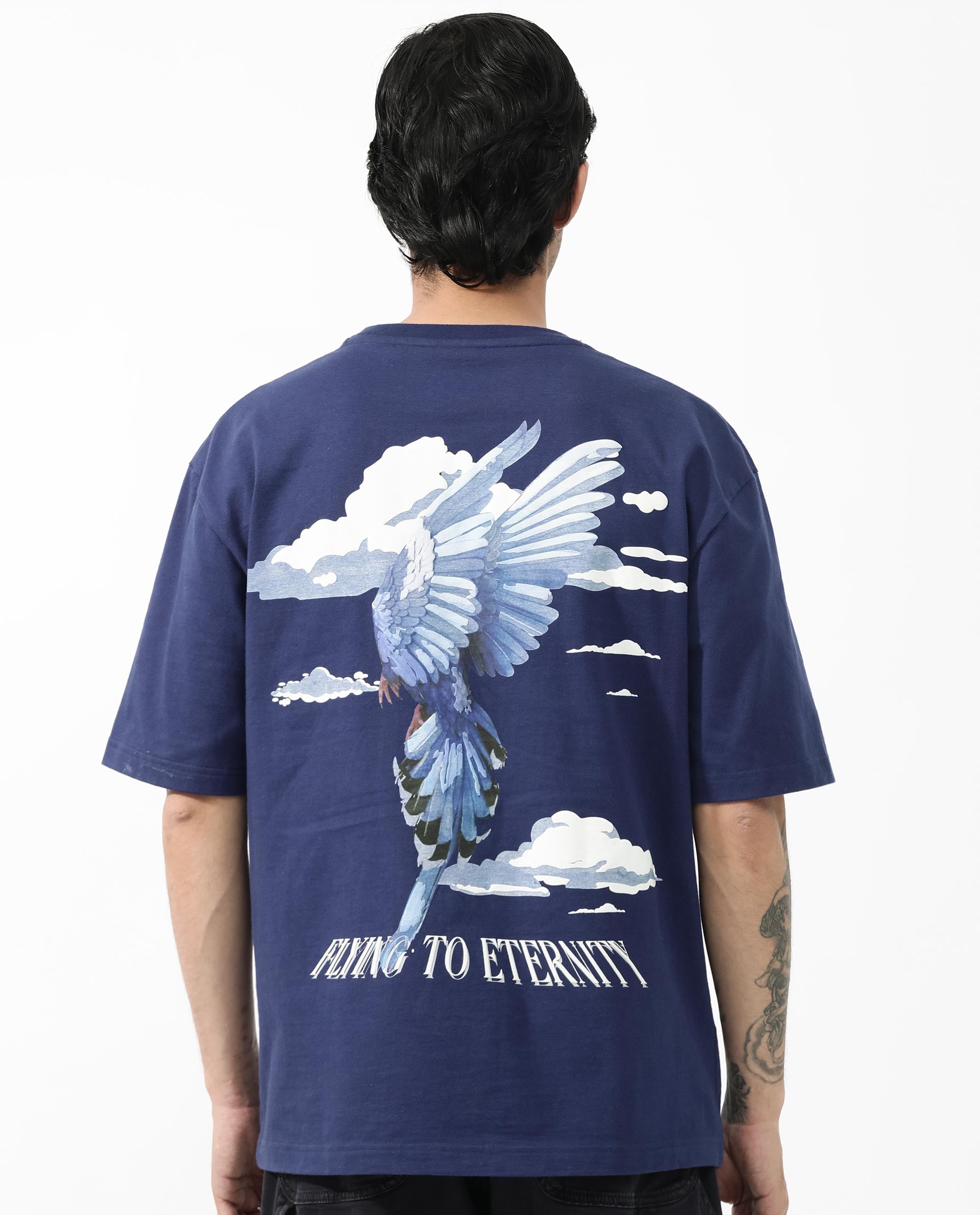 Rare Rabbit Articale Men's Flyby Blue Cotton Fabric Crew Neck Oversized Fit Graphic Print T-Shirt