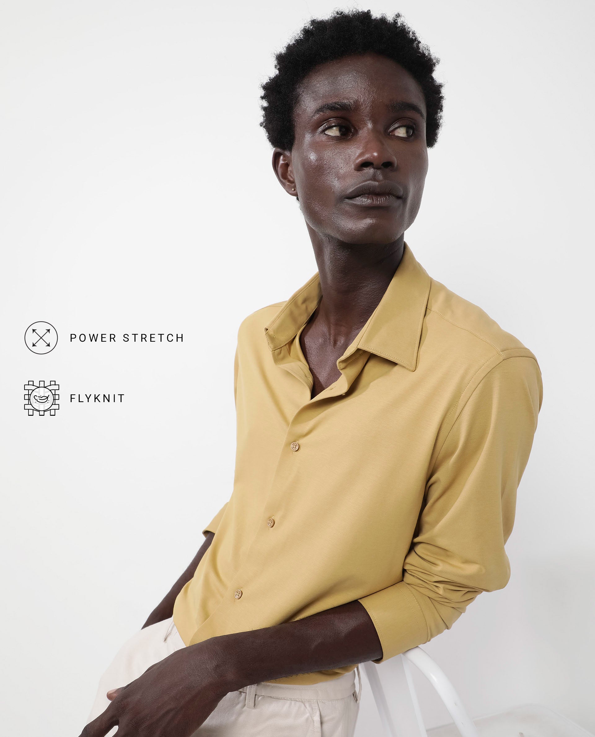 Rare Rabbit Men's Flyknit Mustard Cotton Polyester Fabric Full Sleeves Knitted Solid Shirt