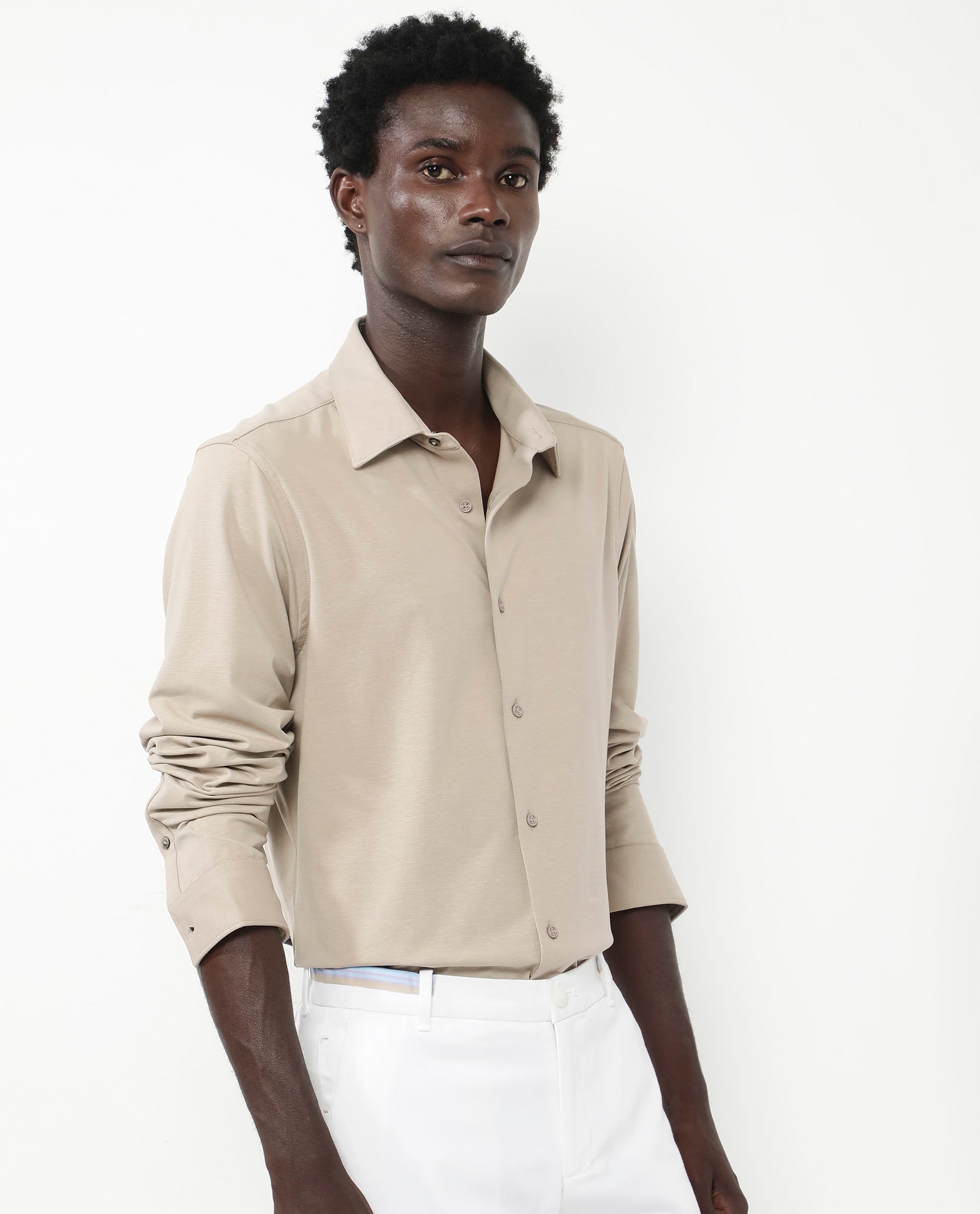 Rare Rabbit Men's Flyknit Beige Cotton Polyester Fabric Full Sleeves Knitted Solid Shirt