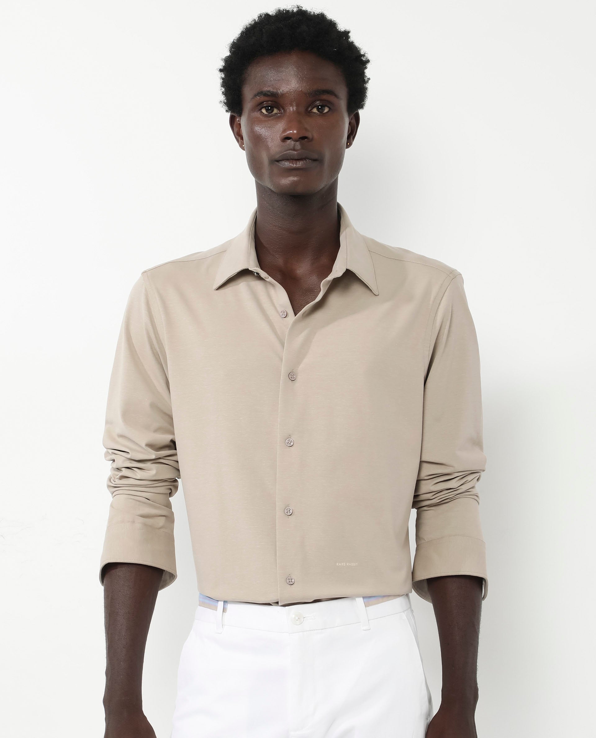 Rare Rabbit Men's Flyknit Beige Cotton Polyester Fabric Full Sleeves Knitted Solid Shirt