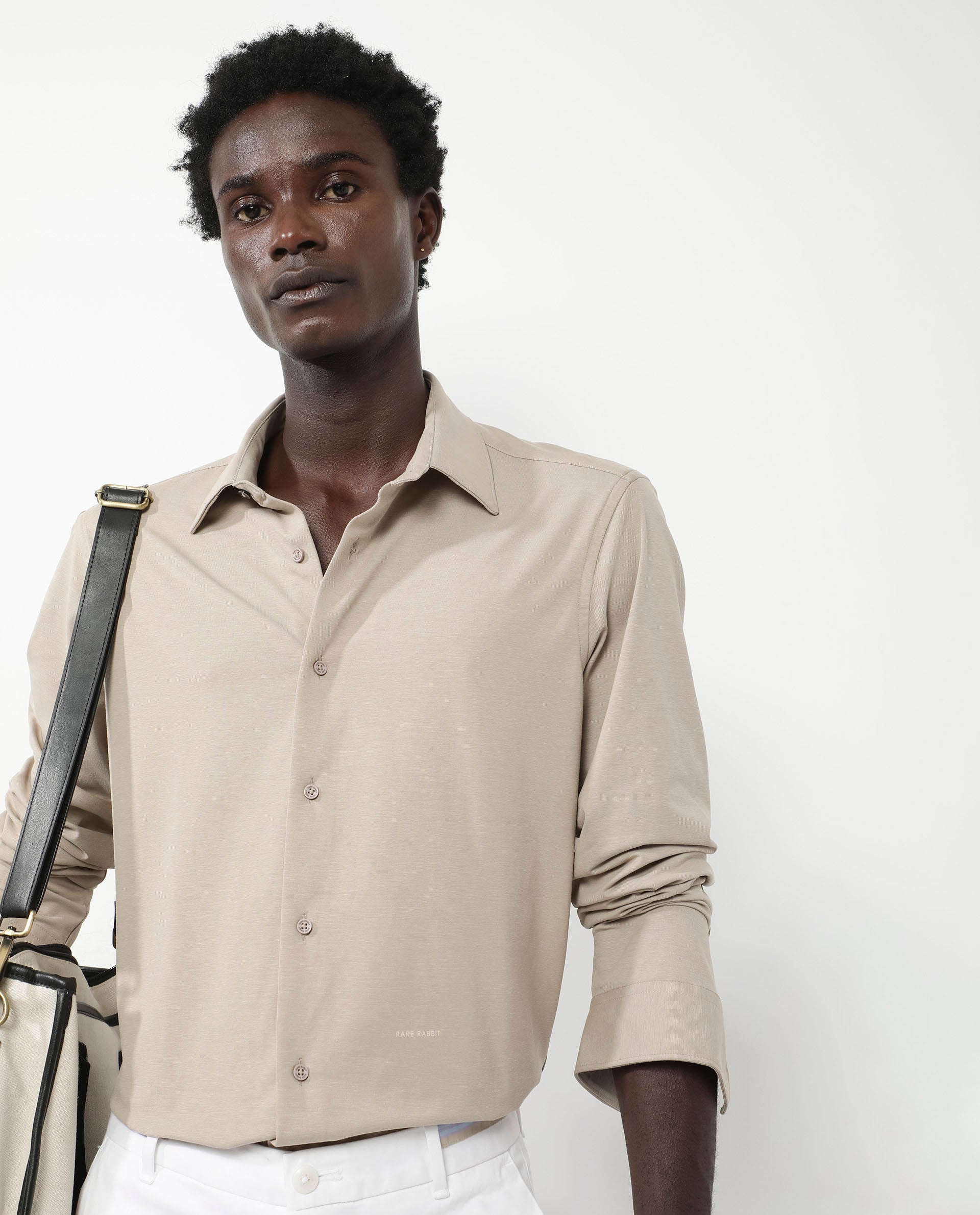 Rare Rabbit Men's Flyknit Beige Cotton Polyester Fabric Full Sleeves Knitted Solid Shirt