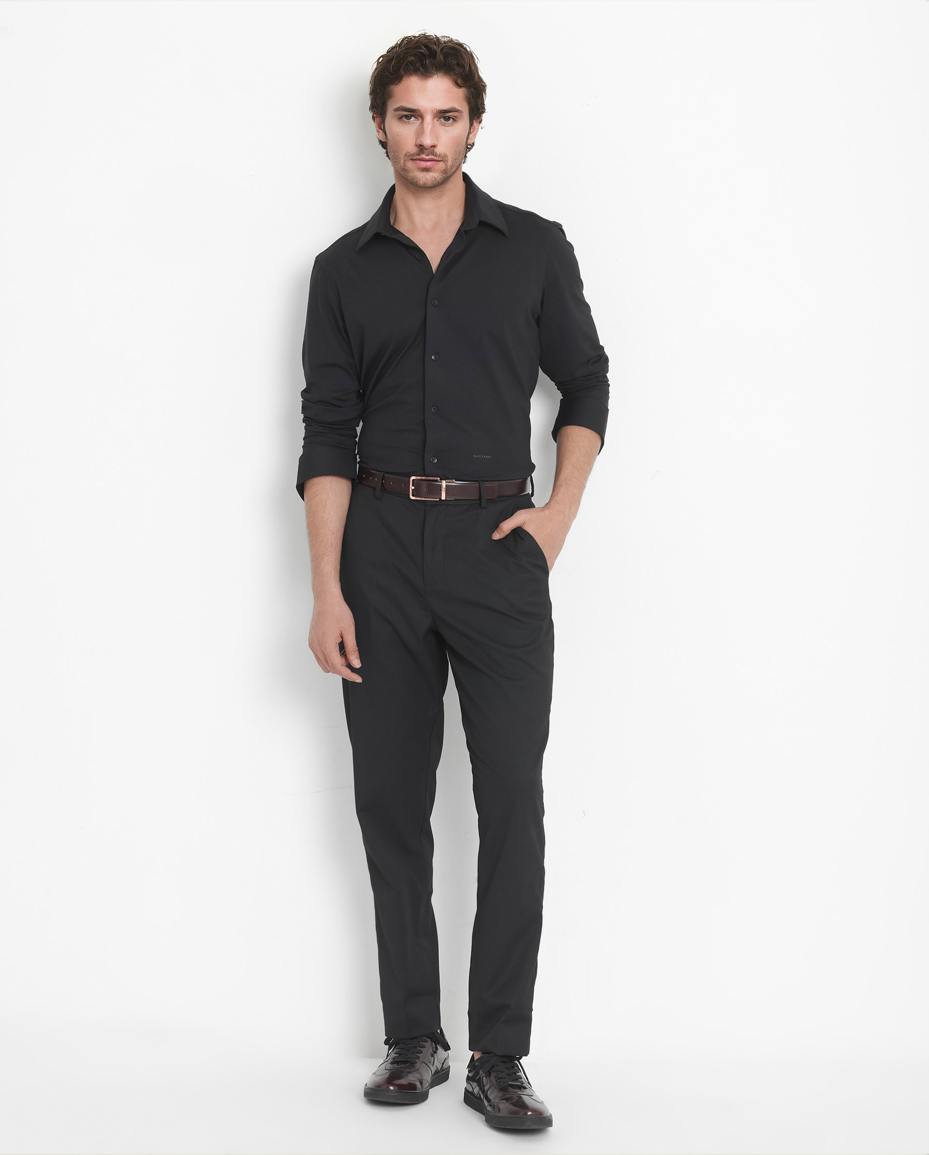 Rare Rabbit Men's Flyknit Black Cotton Polyester Fabric Full Sleeves Knitted Solid Shirt