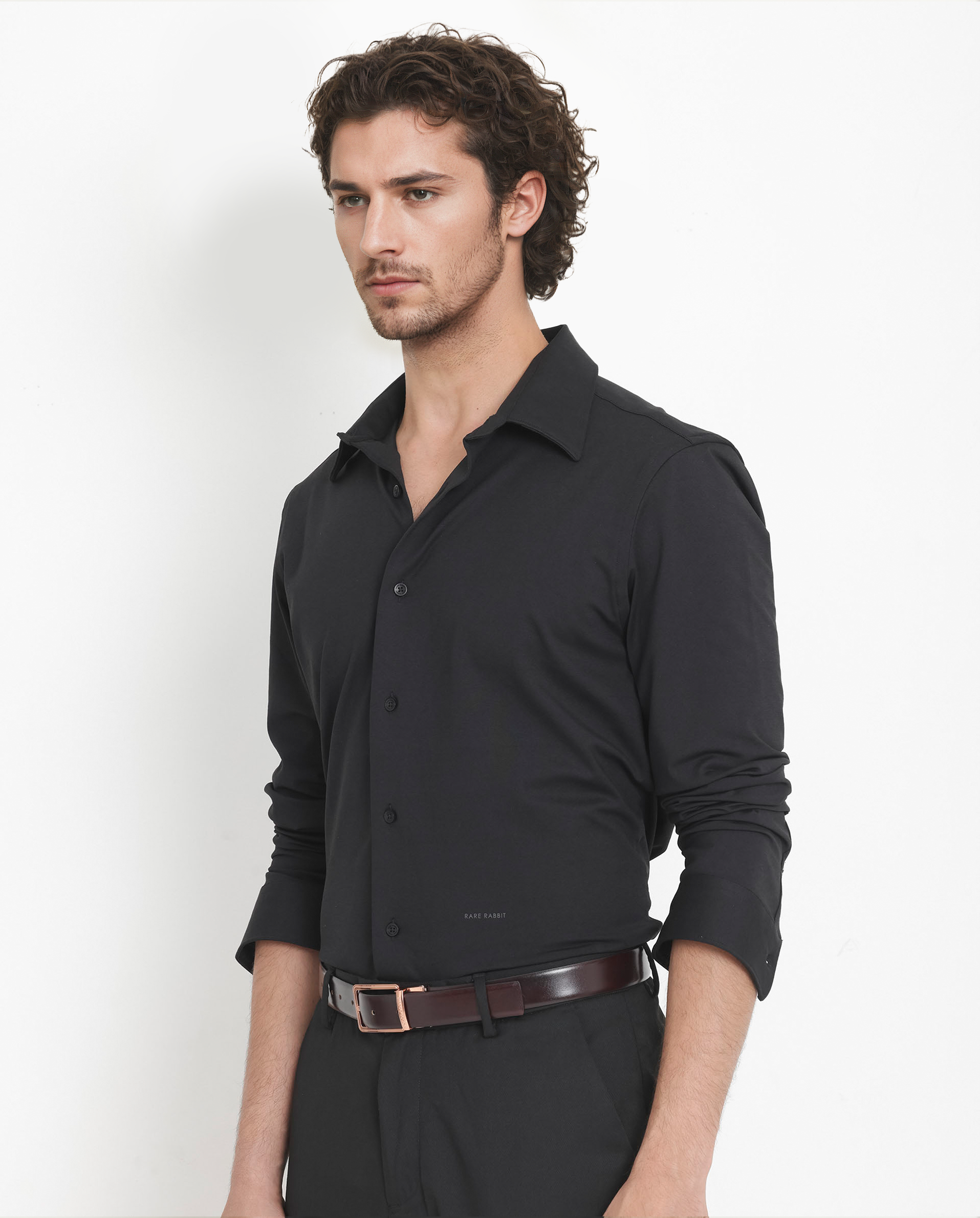 Rare Rabbit Men's Flyknit Black Cotton Polyester Fabric Full Sleeves Knitted Solid Shirt