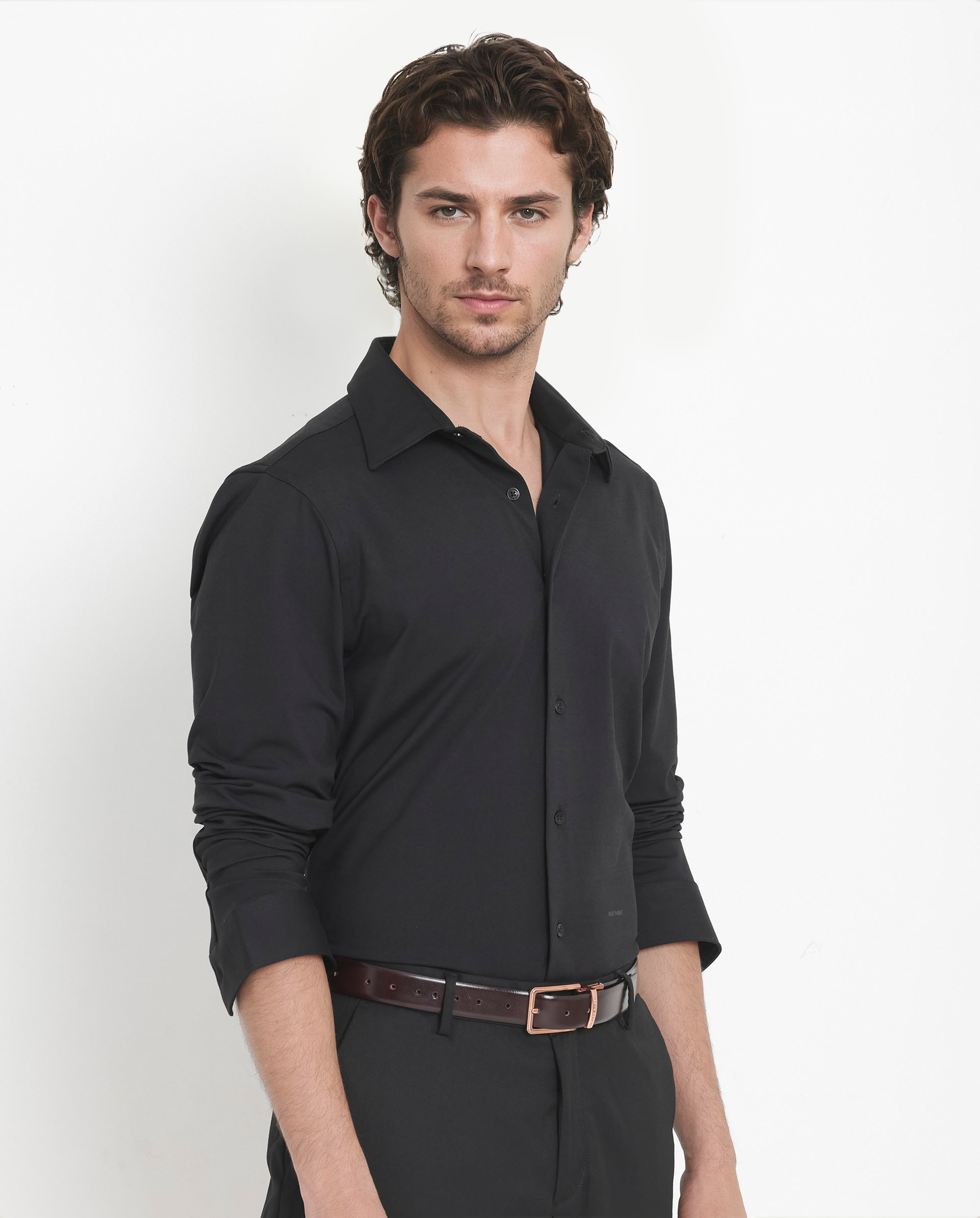 Rare Rabbit Men's Flyknit Black Cotton Polyester Fabric Full Sleeves Knitted Solid Shirt