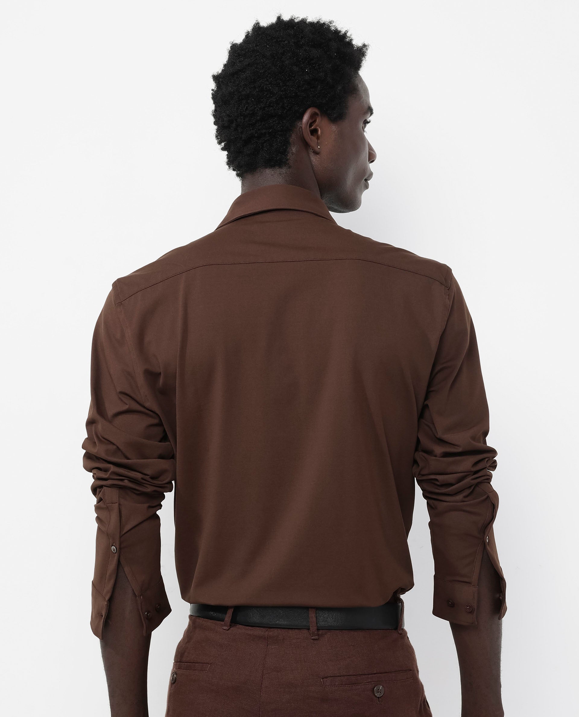 Rare Rabbit Men's Flyknit Brown Cotton Polyester Fabric Full Sleeves Knitted Solid Shirt