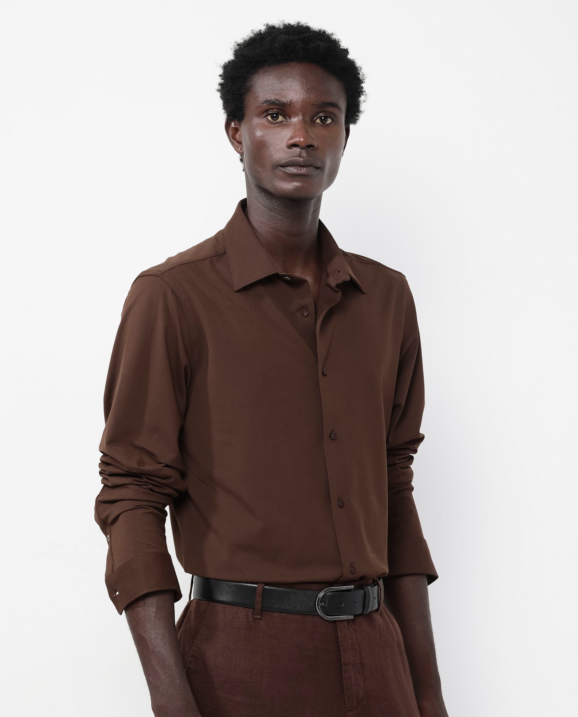 Rare Rabbit Men's Flyknit Brown Cotton Polyester Fabric Full Sleeves Knitted Solid Shirt