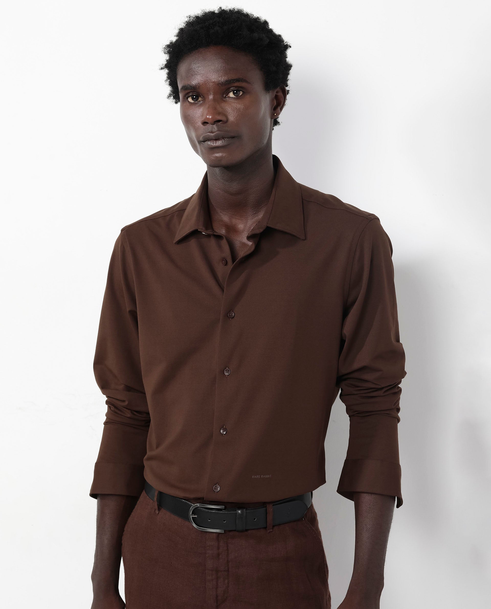 Rare Rabbit Men's Flyknit Brown Cotton Polyester Fabric Full Sleeves Knitted Solid Shirt