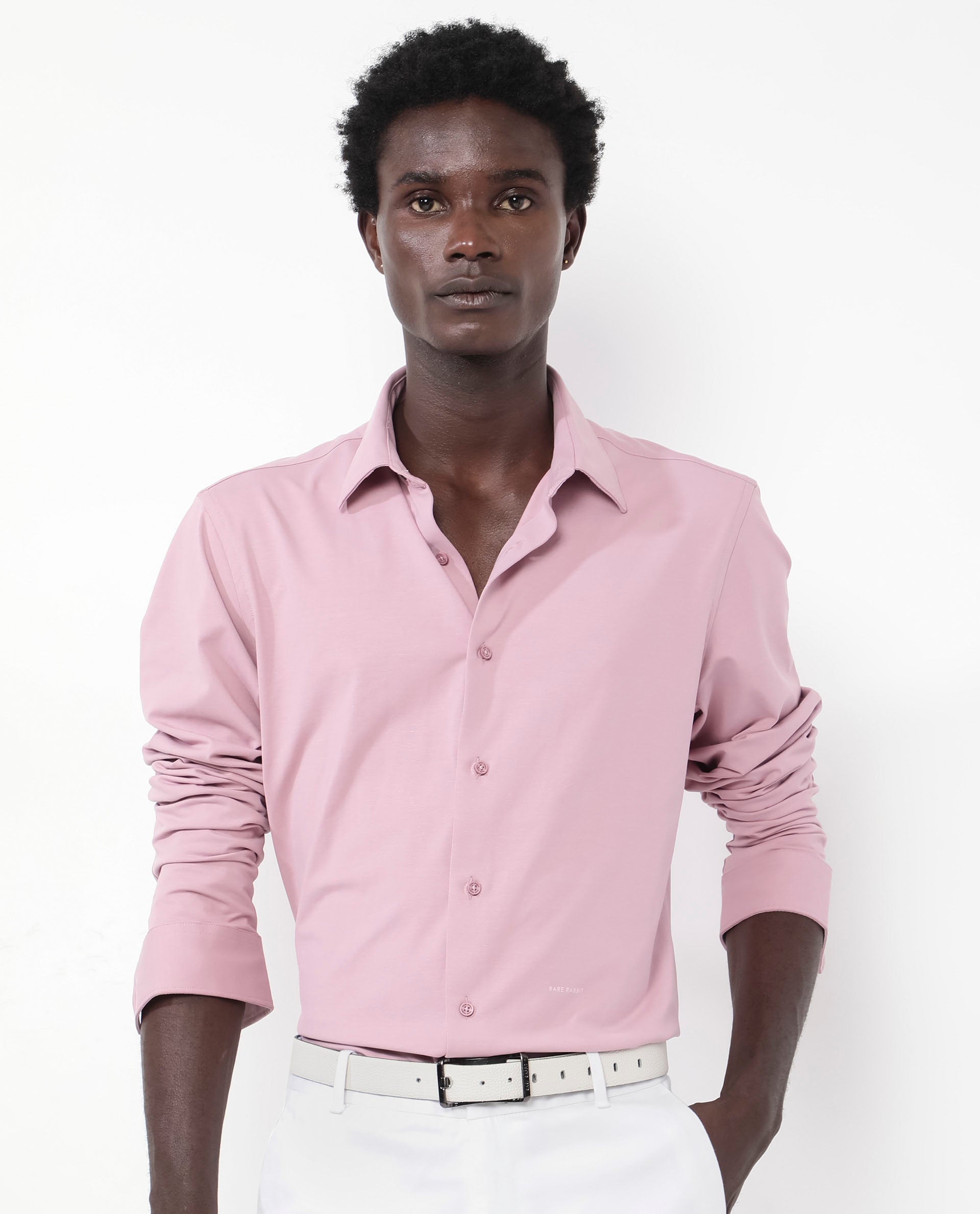 Rare Rabbit Men's Flyknit Dusky Pink Cotton Polyester Fabric Full Sleeves Knitted Solid Shirt