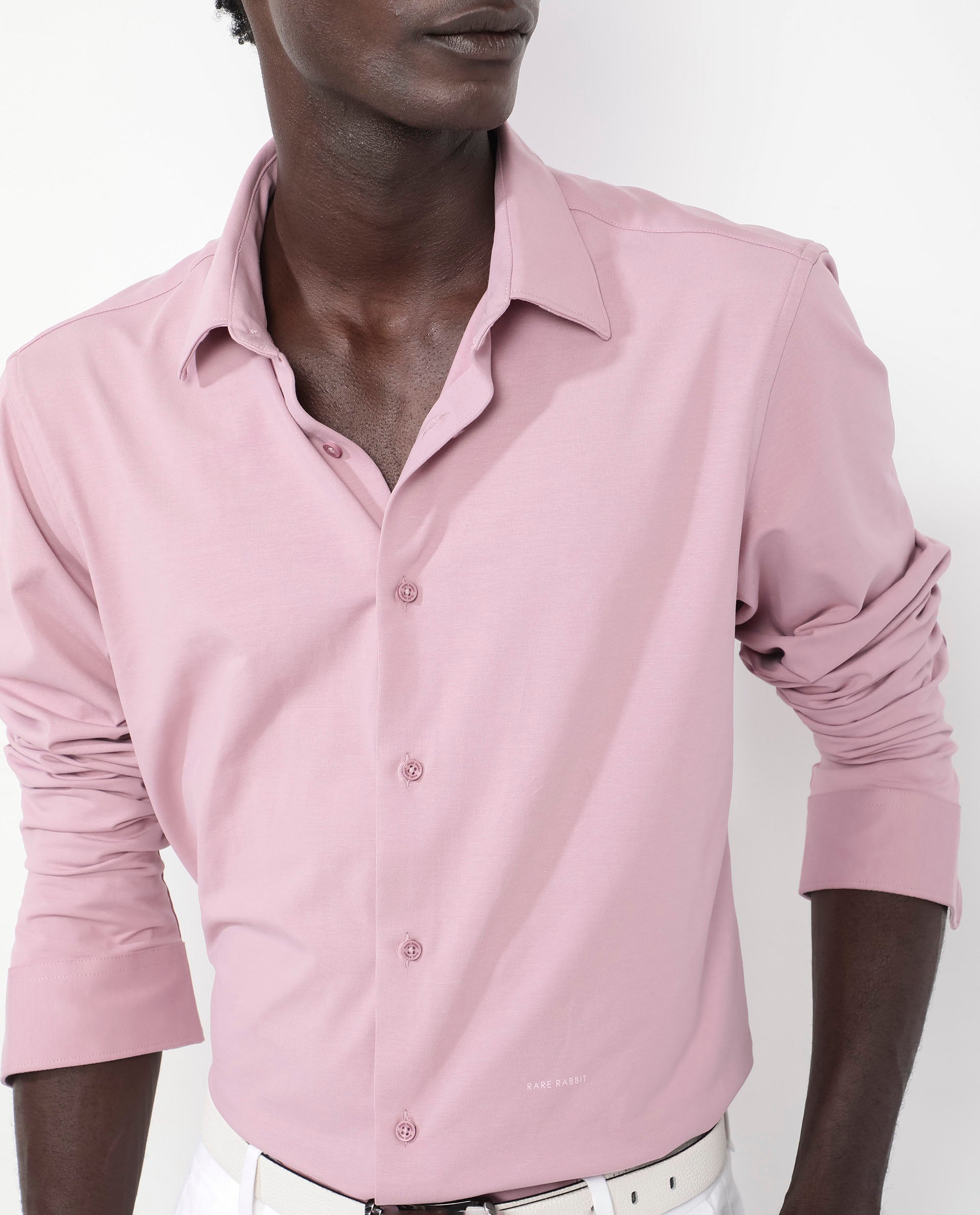 Rare Rabbit Men's Flyknit Dusky Pink Cotton Polyester Fabric Full Sleeves Knitted Solid Shirt