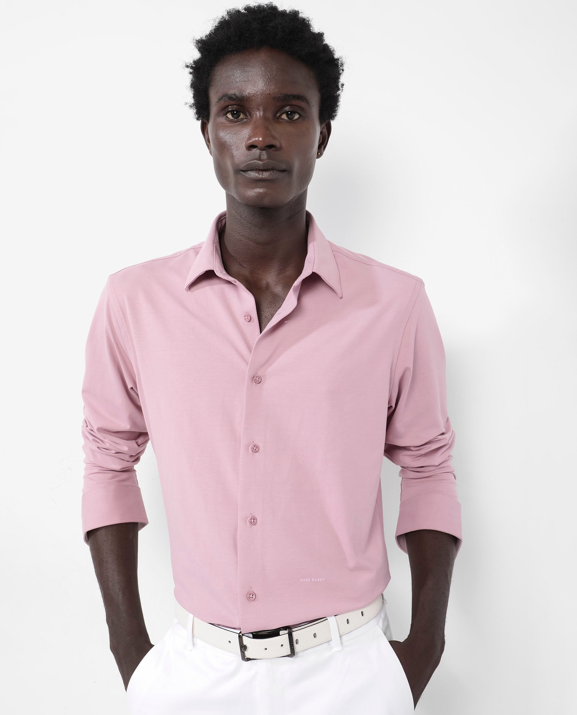 Rare Rabbit Men's Flyknit Dusky Pink Cotton Polyester Fabric Full Sleeves Knitted Solid Shirt