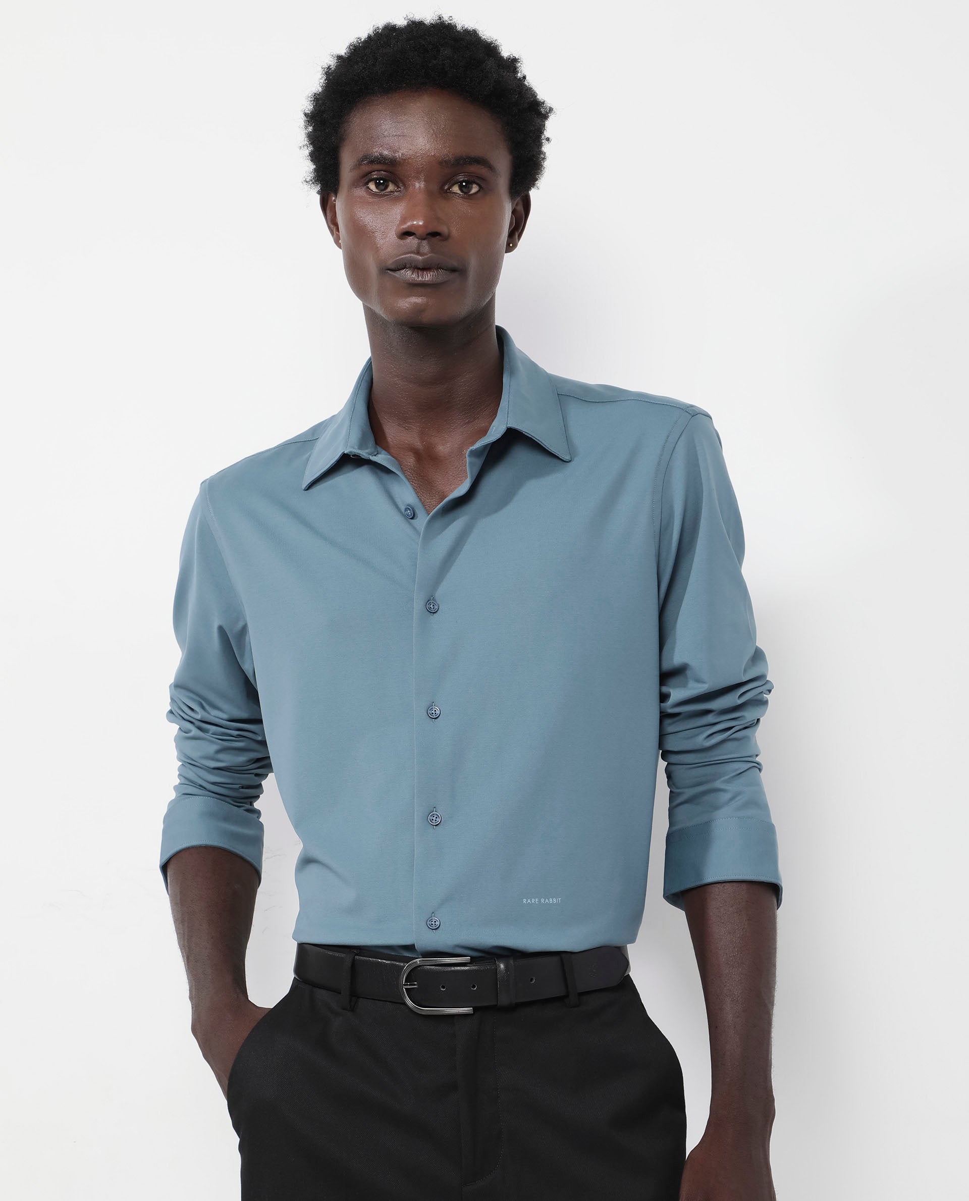 Rare Rabbit Men's Flyknit Dusky Teal Cotton Polyester Fabric Full Sleeves Knitted Solid Shirt