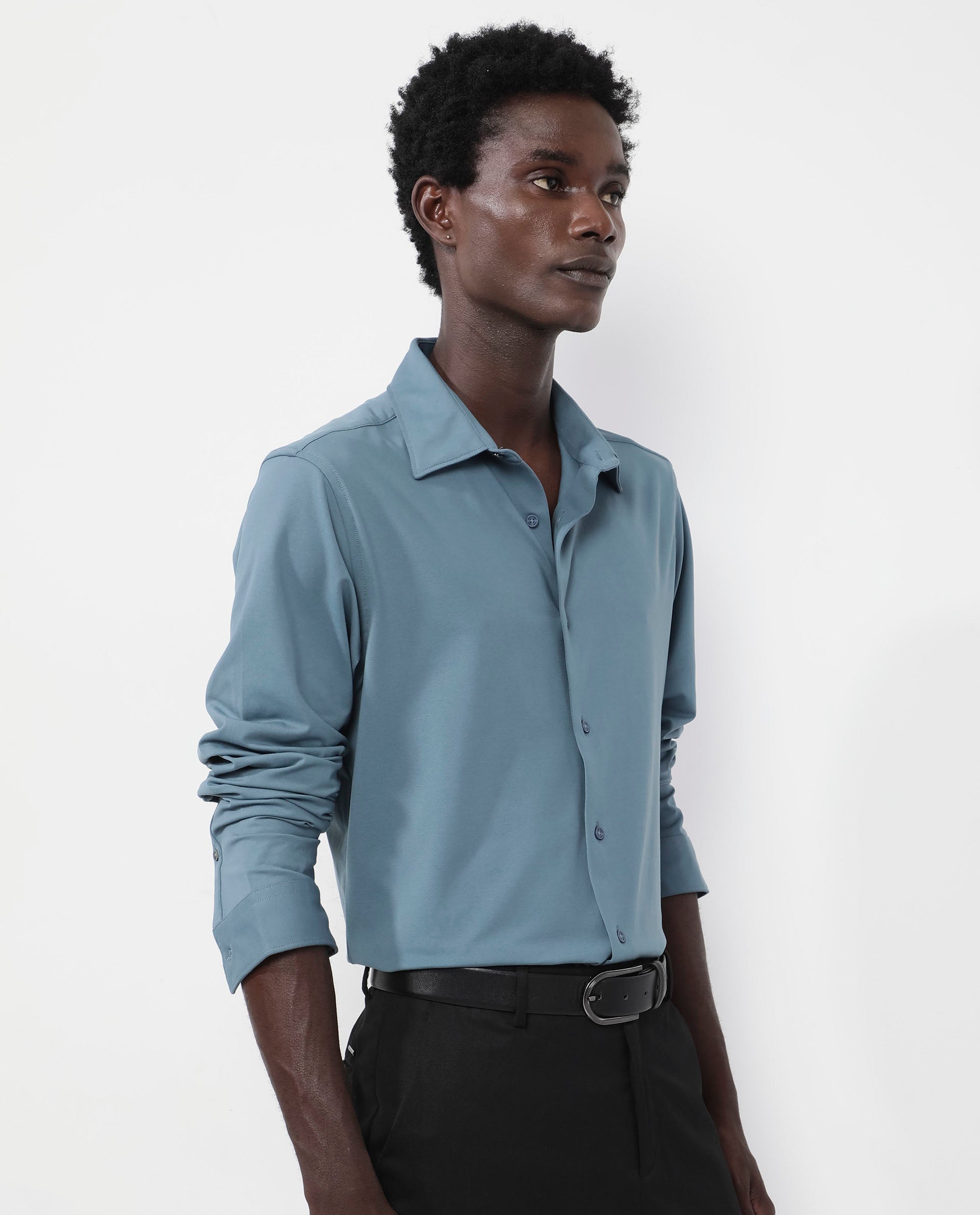 Rare Rabbit Men's Flyknit Dusky Teal Cotton Polyester Fabric Full Sleeves Knitted Solid Shirt