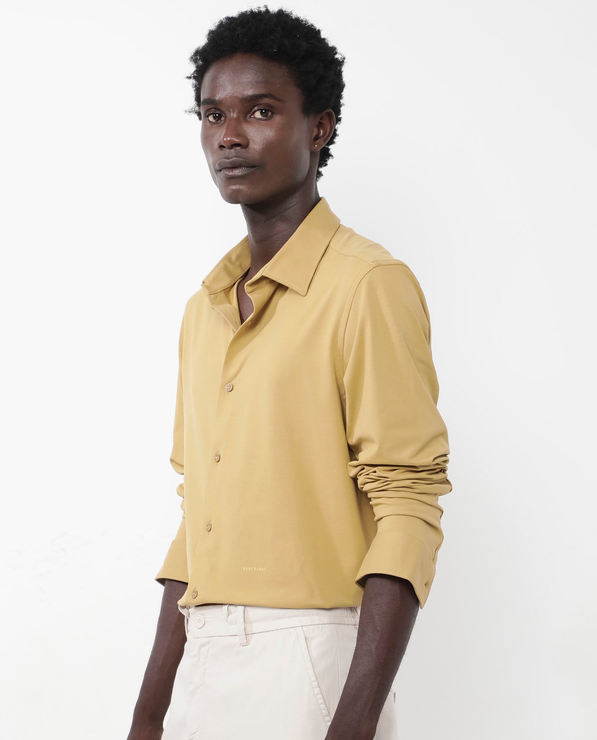 Rare Rabbit Men's Flyknit Mustard Cotton Polyester Fabric Full Sleeves Knitted Solid Shirt