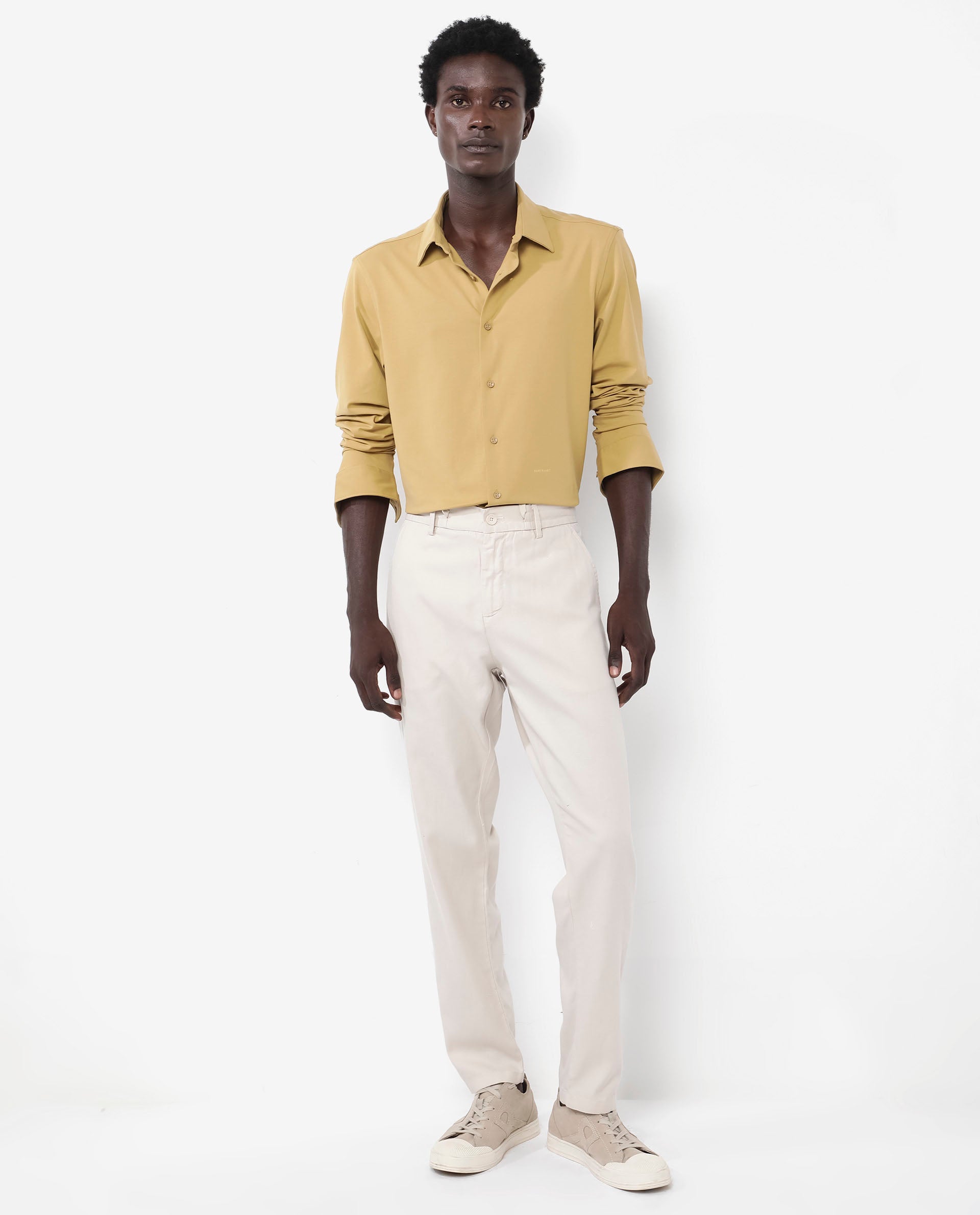 Rare Rabbit Men's Flyknit Mustard Cotton Polyester Fabric Full Sleeves Knitted Solid Shirt