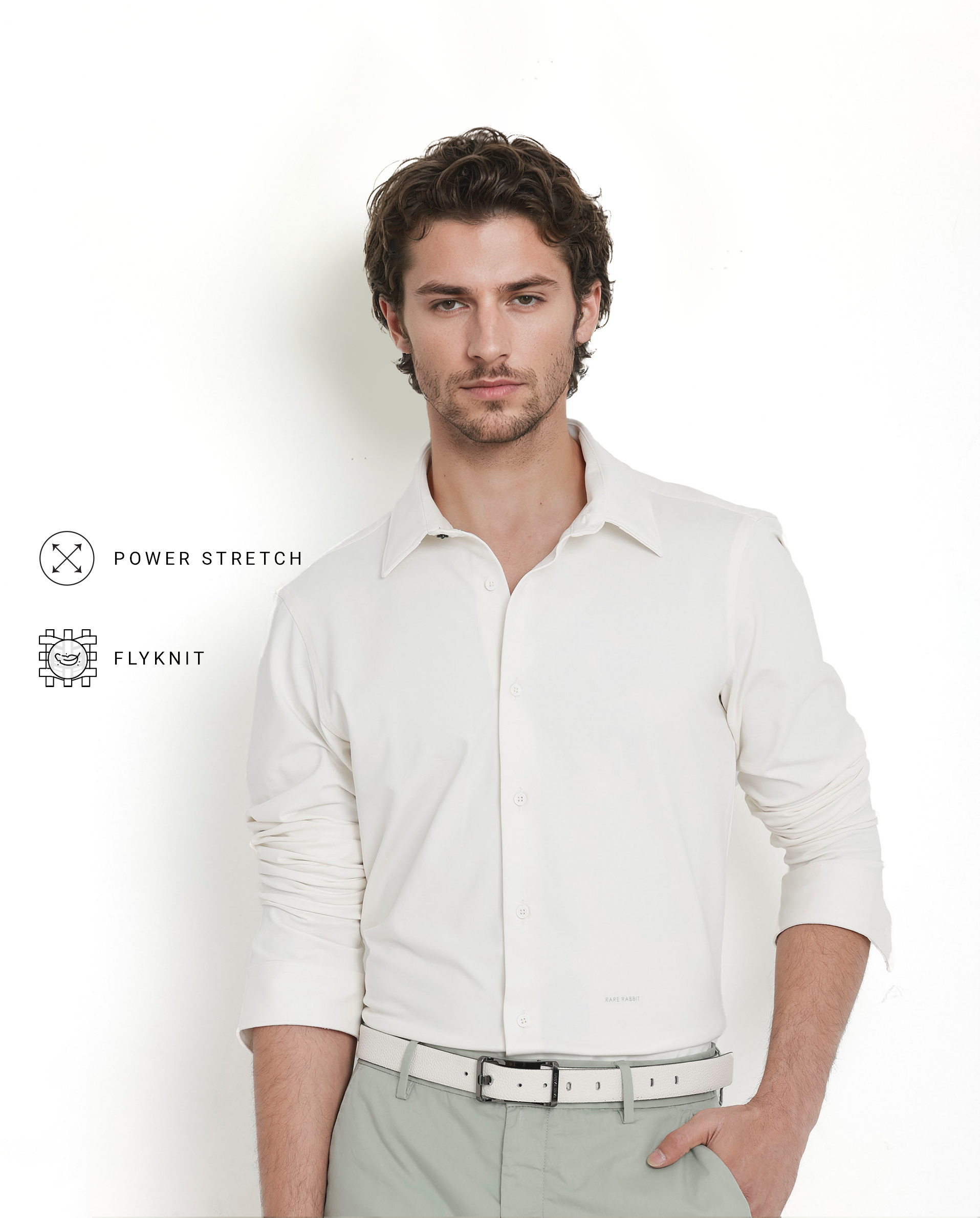 Rare Rabbit Men's Flyknit Off White Cotton Polyester Fabric Full Sleeves Knitted Solid Shirt