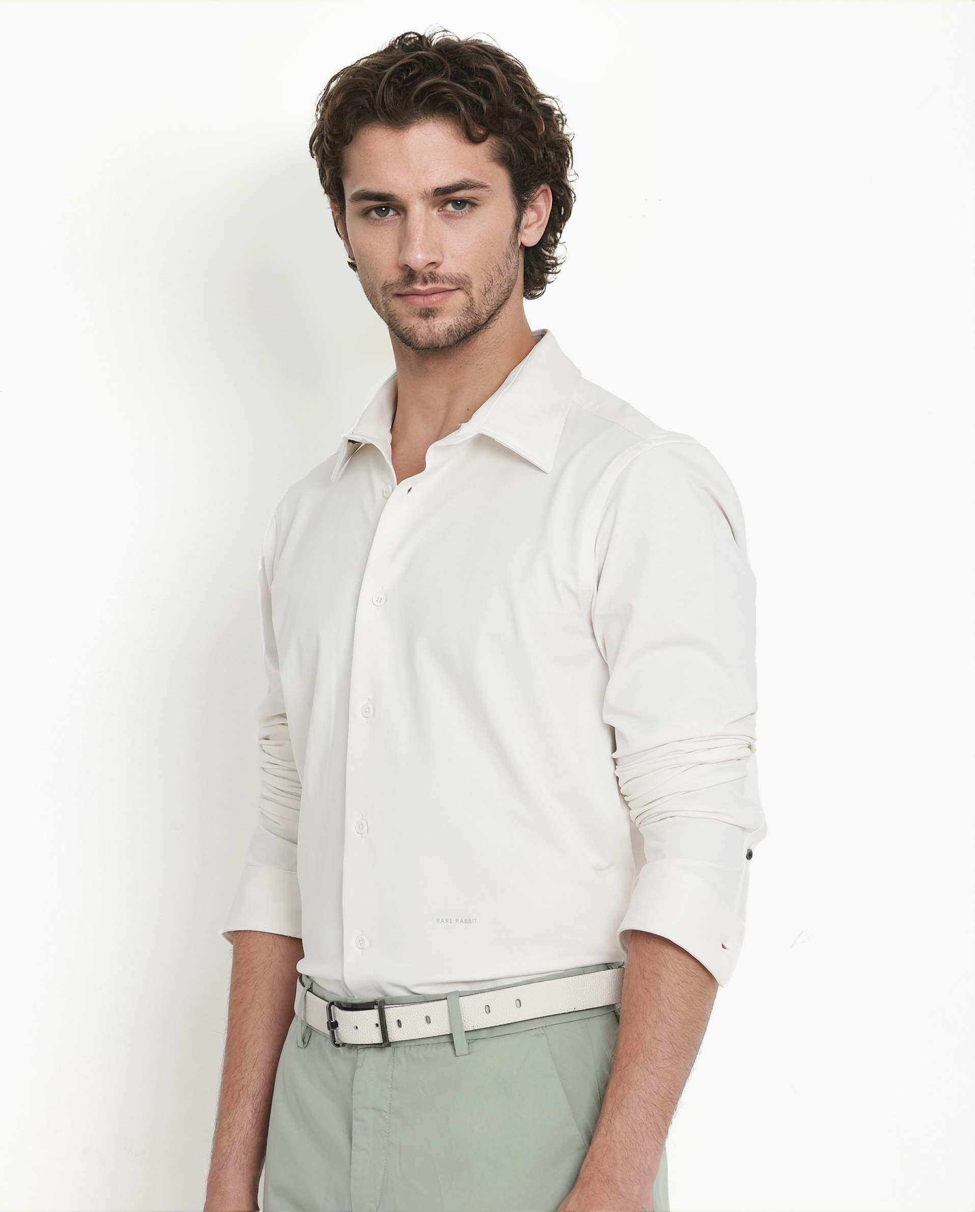 Rare Rabbit Men's Flyknit Off White Cotton Polyester Fabric Full Sleeves Knitted Solid Shirt