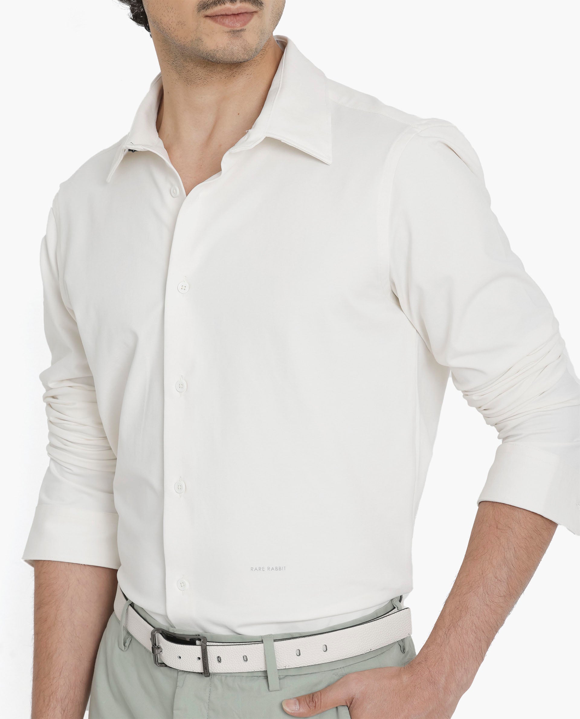 Rare Rabbit Men's Flyknit Off White Cotton Polyester Fabric Full Sleeves Knitted Solid Shirt