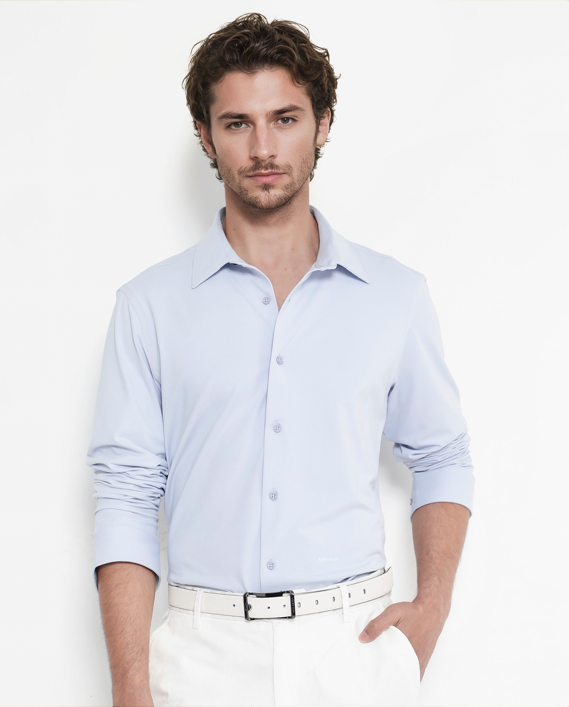 Rare Rabbit Men's Flyknit Pastel Blue Cotton Polyester Fabric Full Sleeves Knitted Solid Shirt