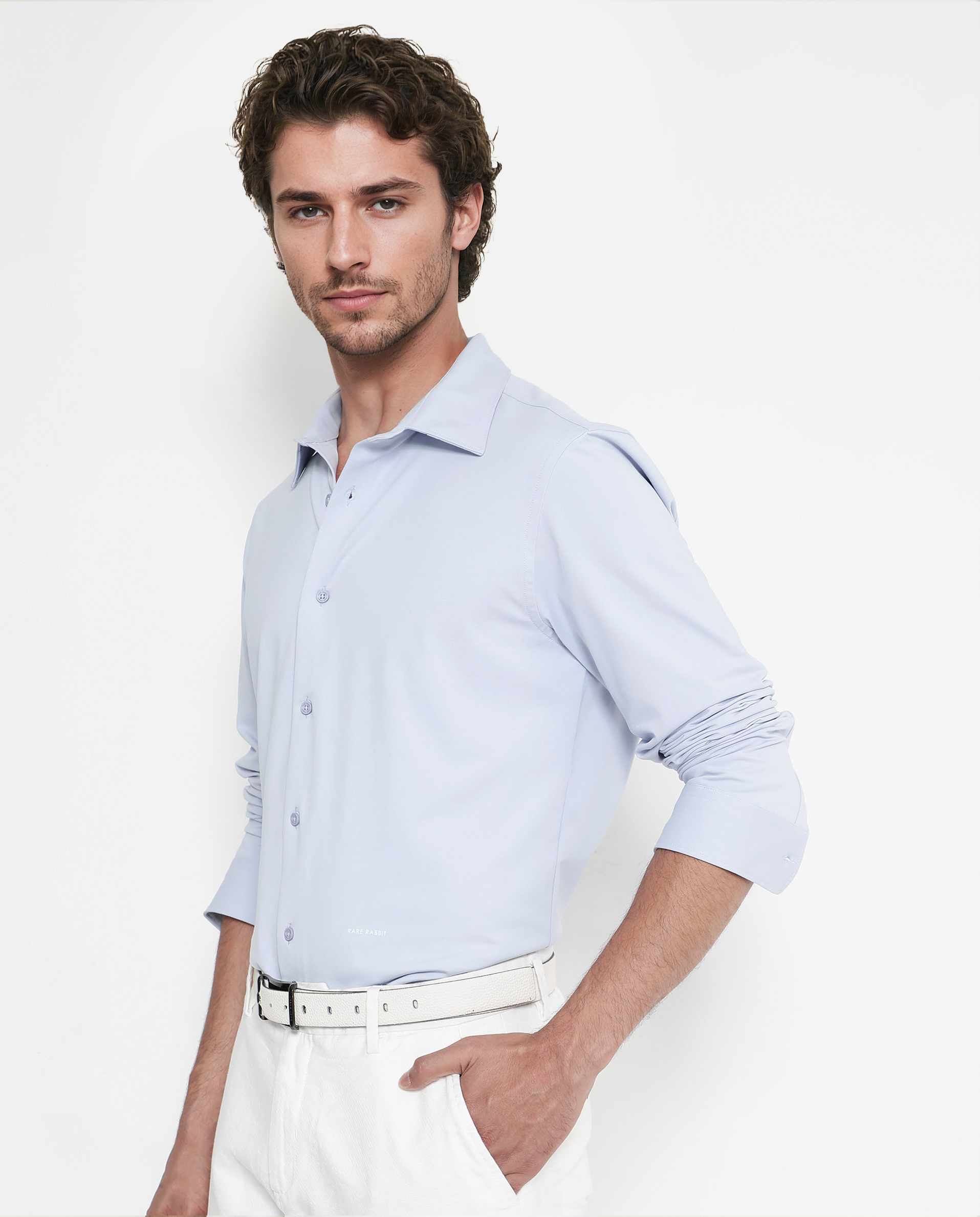 Rare Rabbit Men's Flyknit Pastel Blue Cotton Polyester Fabric Full Sleeves Knitted Solid Shirt